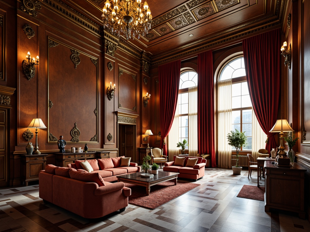 Prompt: Ornate interior, luxurious furnishings, rich wood tones, gilded accents, intricate carvings, ornamental details, classical architecture, high ceilings, grand chandeliers, opulent fabrics, velvet drapes, marble floors, soft warm lighting, shallow depth of field, 1/2 composition, realistic textures, ambient occlusion.