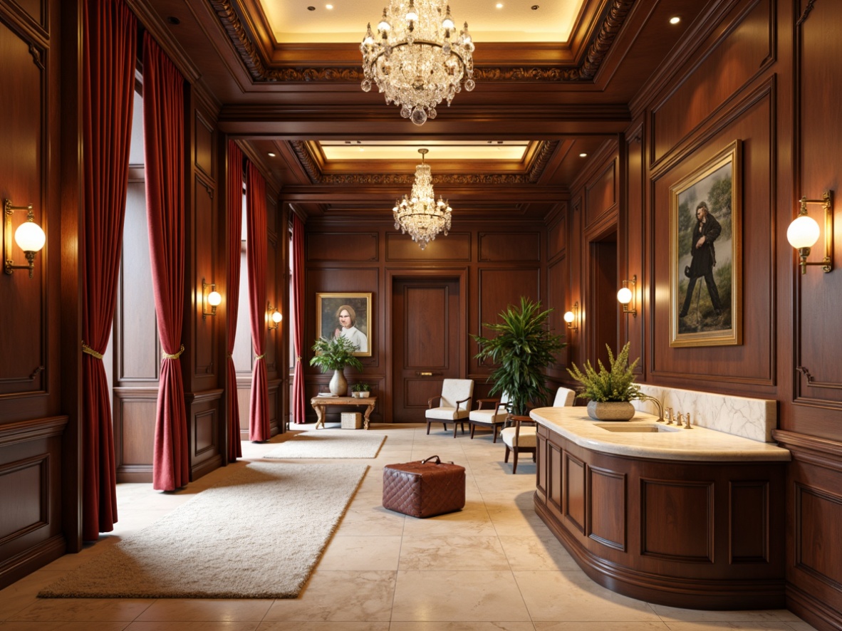 Prompt: Rich walnut wood paneling, ornate crown molding, luxurious velvet drapes, antique bronze hardware, plush area rugs, warm beige stone flooring, creamy white marble countertops, elegant crystal chandeliers, soft warm lighting, shallow depth of field, 1/1 composition, realistic textures, ambient occlusion.