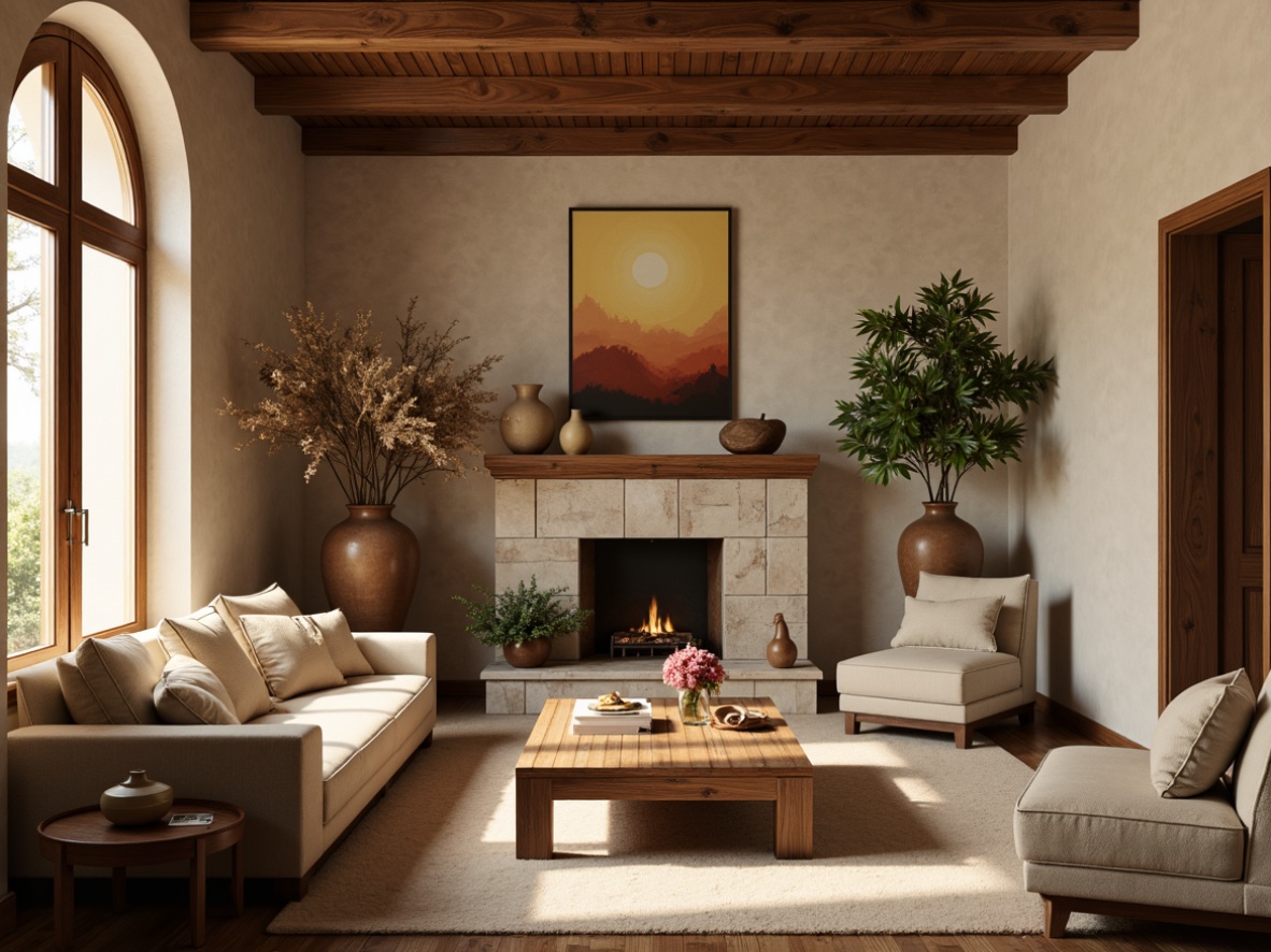 Prompt: Cozy living room, warm beige walls, rich walnut wood furniture, plush velvet sofas, soft golden lighting, creamy white accents, natural stone fireplace, earthy terracotta vases, lush greenery, calming atmosphere, serene ambiance, 1/1 composition, intimate setting, warm color scheme, inviting textures, subtle patterns, gentle contrast.