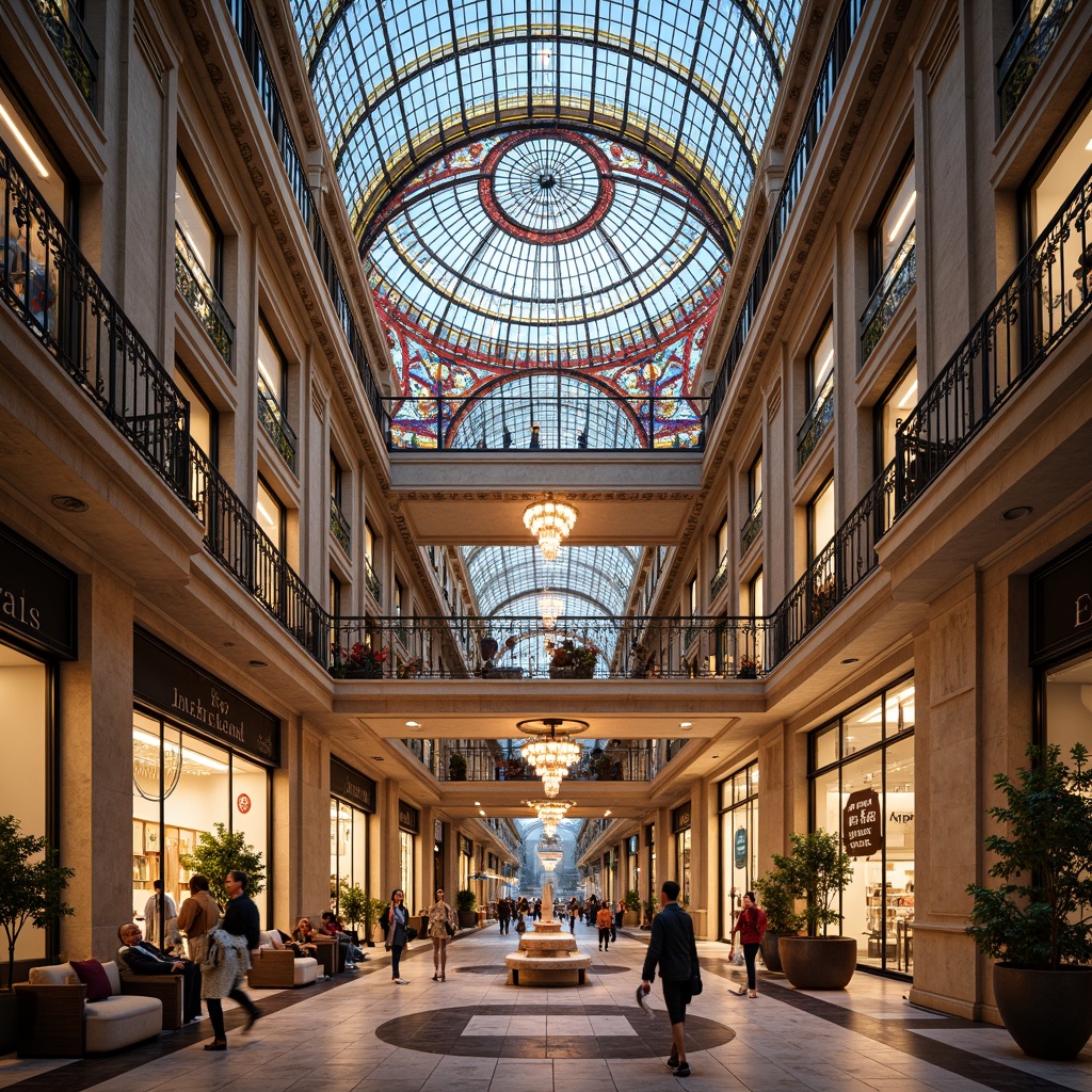 Prompt: Vibrant shopping center interior, stained glass ceiling, kaleidoscopic colors, intricate patterns, majestic arches, ornate details, luxurious chandeliers, polished marble floors, elegant staircases, spacious atriums, natural light pouring in, warm ambient lighting, soft shadows, 1/1 composition, symmetrical framing, realistic reflections, ambient occlusion.