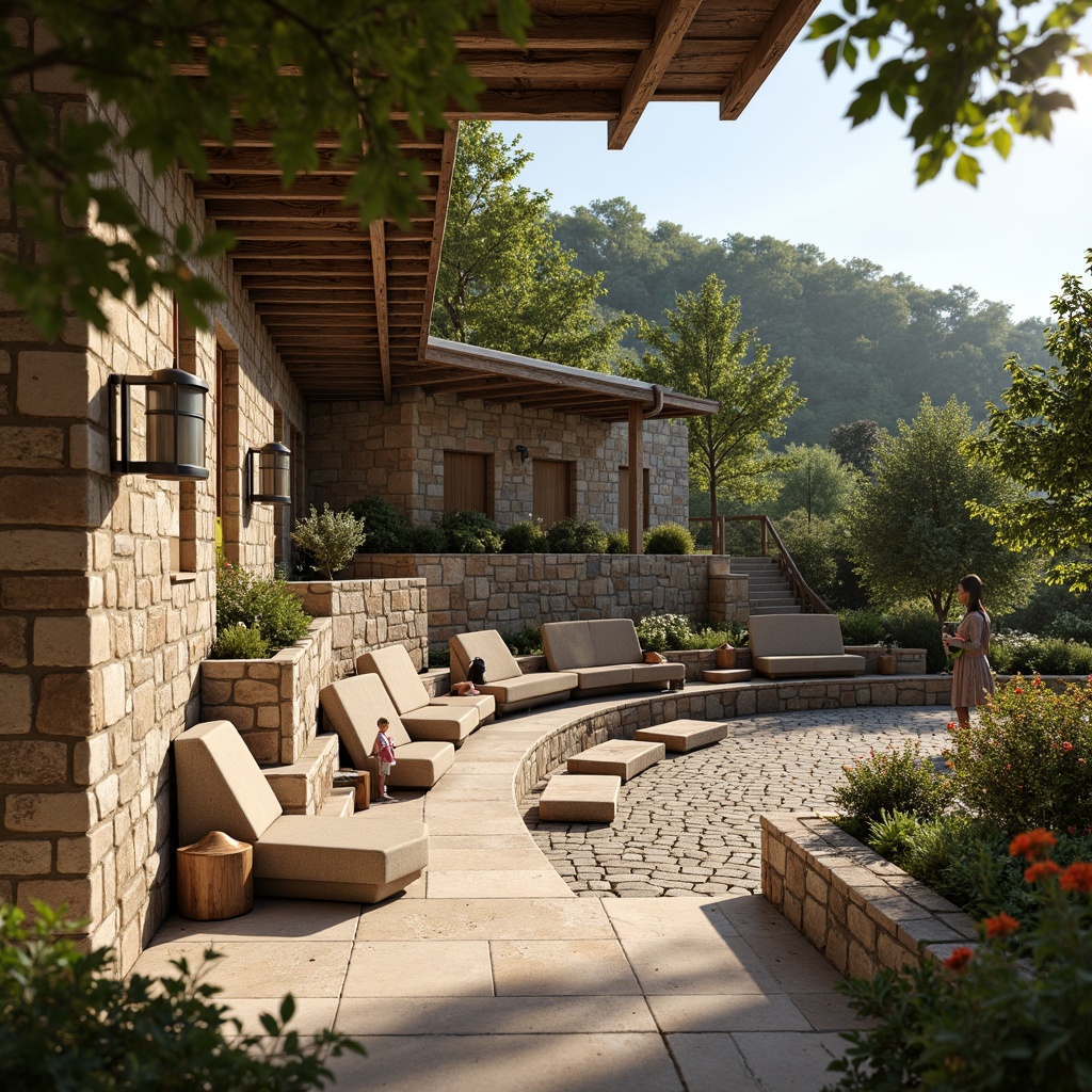 Prompt: Rustic amphitheater, natural stone seating, curved wooden benches, earthy tone color scheme, handmade craftsman details, ornate metal fixtures, lush greenery surroundings, vibrant blooming flowers, warm sunny day, soft diffused lighting, shallow depth of field, 3/4 composition, panoramic view, realistic textures, ambient occlusion.