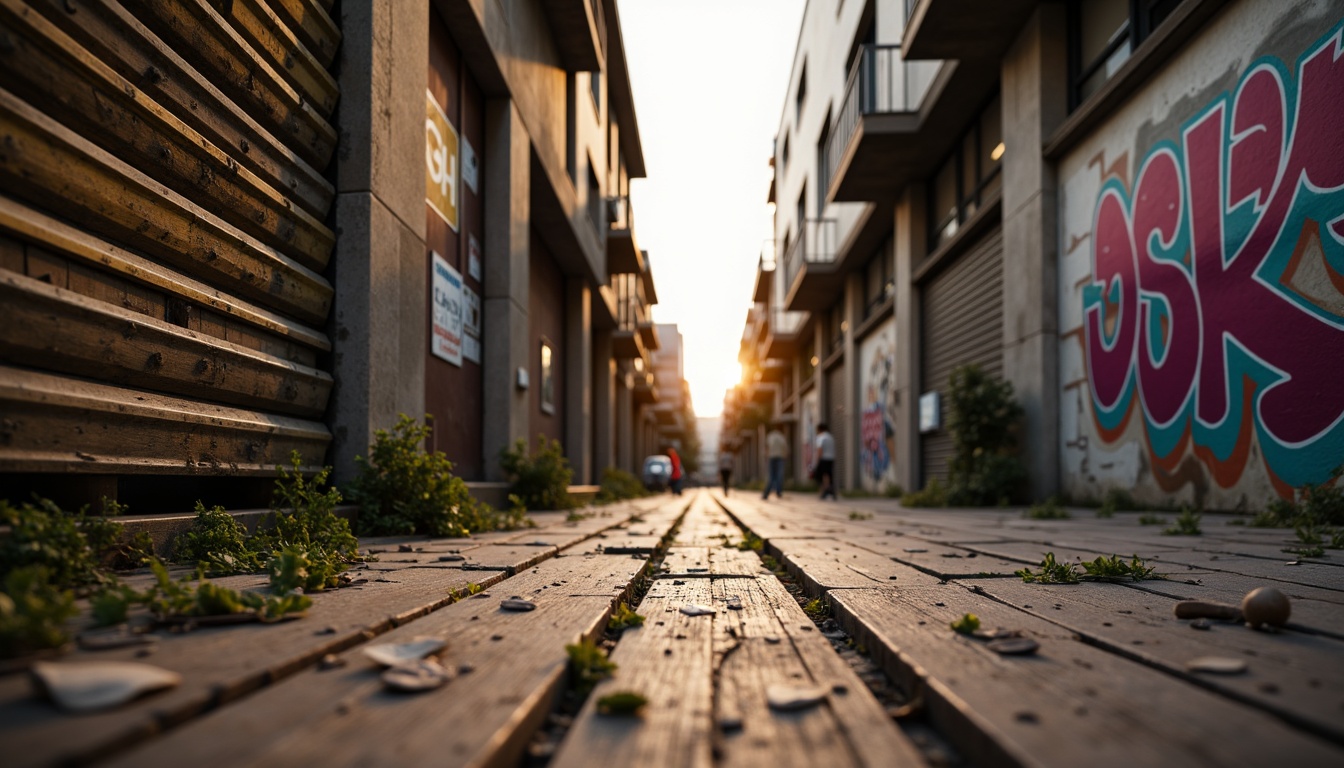 Prompt: Rustic wooden planks, distressed metal panels, rough stone walls, vibrant graffiti murals, urban cityscape, industrial atmosphere, warm golden lighting, shallow depth of field, 1/1 composition, realistic textures, ambient occlusion.