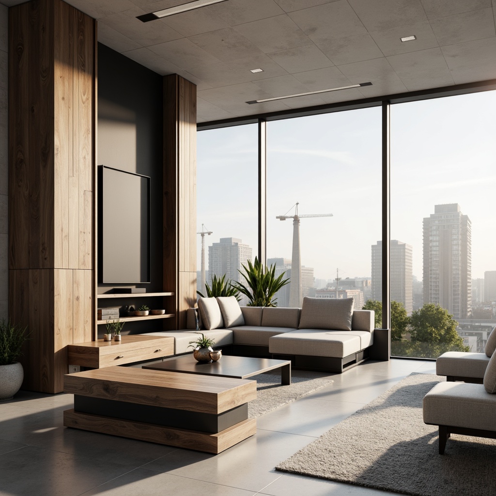 Prompt: Monochromatic modern interior, sleek lines, minimalist decor, polished chrome accents, matte black furniture, creamy white walls, rich walnut wood tones, soft warm lighting, atmospheric shadows, 3/4 composition, shallow depth of field, panoramic view, realistic textures, ambient occlusion, urban cityscape, morning sunlight, calm atmosphere, sophisticated ambiance.