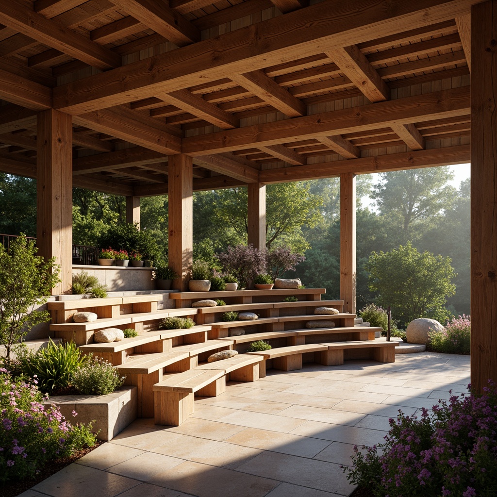 Prompt: Rustic amphitheater, wooden benches, curved seating arrangement, natural stone flooring, earthy tones, craftsman-style architecture, wooden pillars, exposed beams, cozy atmosphere, warm lighting, soft shadows, 1/1 composition, intimate setting, blurred background, realistic textures, ambient occlusion, lush greenery surroundings, vibrant flowers, sunny day.Let me know if this meets your requirements!