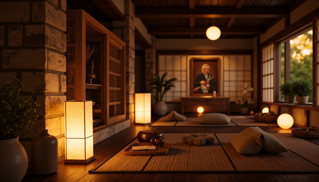 Prompt: Warm lanterns, intricately carved wooden details, rustic stone walls, soft warm glow, ambient lighting, traditional Japanese architecture, tatami mats, shoji screens, paper lanterns, natural textiles, woven bamboo furniture, subtle color palette, earthy tones, minimalist decor, serene atmosphere, shallow depth of field, 1/1 composition, realistic textures, subtle shadowing.