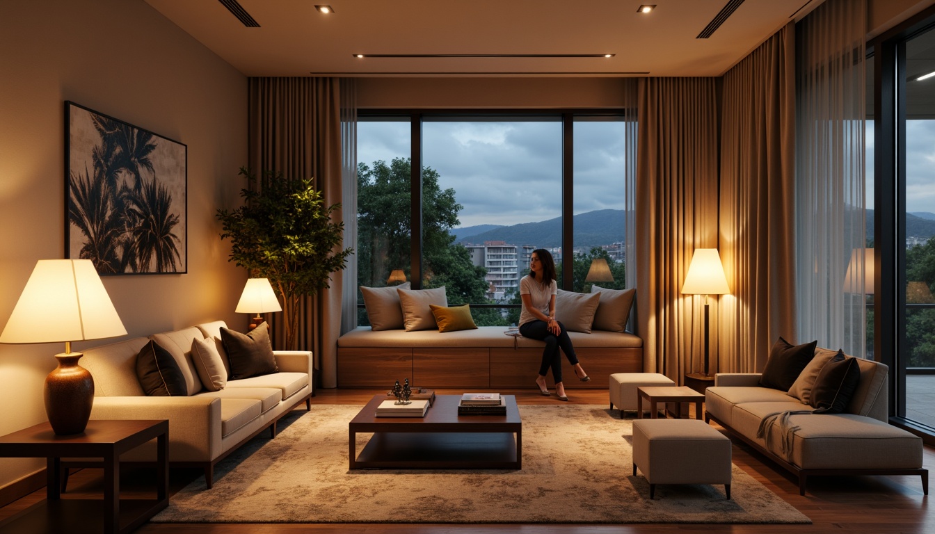 Prompt: Elegant living room, warm ambient lighting, floor lamps, table lamps, pendant lights, soft glow, cozy atmosphere, comfortable seating, rich wood tones, plush carpets, modern minimalist furniture, sleek metal accents, subtle color palette, natural textiles, inviting window seats, sheer curtains, gentle diffused light, 1/2 composition, realistic reflections, warm color temperature.