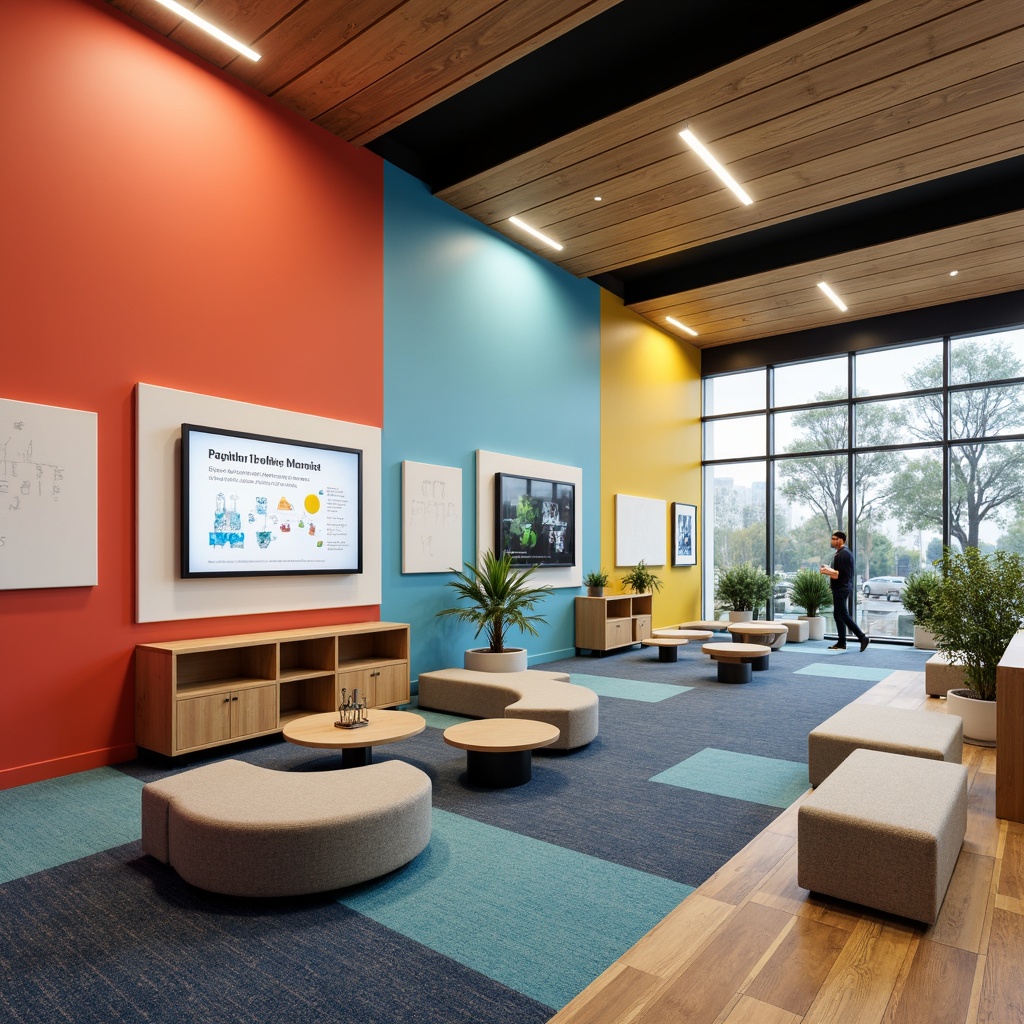 Prompt: Vibrant colored walls, natural wood accents, soft carpet flooring, ergonomic furniture, interactive whiteboards, modern LED lighting, inspiring quotes, educational posters, minimalist decor, calming plants, soothing water features, acoustic panels, comfortable reading nooks, collaborative workspaces, durable surfaces, easy-to-clean materials, versatile modular designs, stimulating color schemes, dynamic 3D shapes, futuristic digital displays, engaging sensory experiences, inclusive accessibility features.