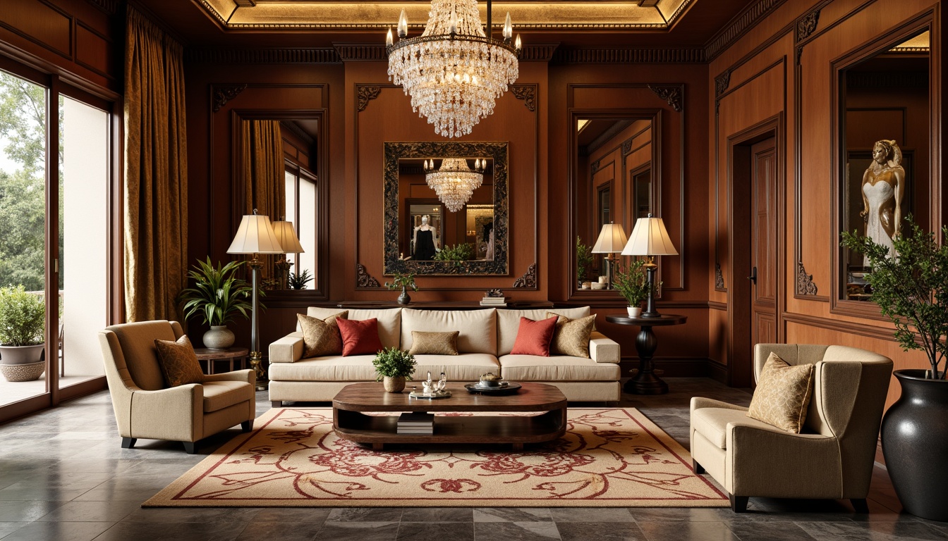 Prompt: Luxurious villa interior, ornate Art Deco furnishings, lavish textiles, metallic accents, bold geometric patterns, rich wood tones, polished marble floors, crystal chandeliers, velvet drapes, gilded mirrors, intricate moldings, soft warm lighting, shallow depth of field, 1/1 composition, realistic reflections, ambient occlusion.