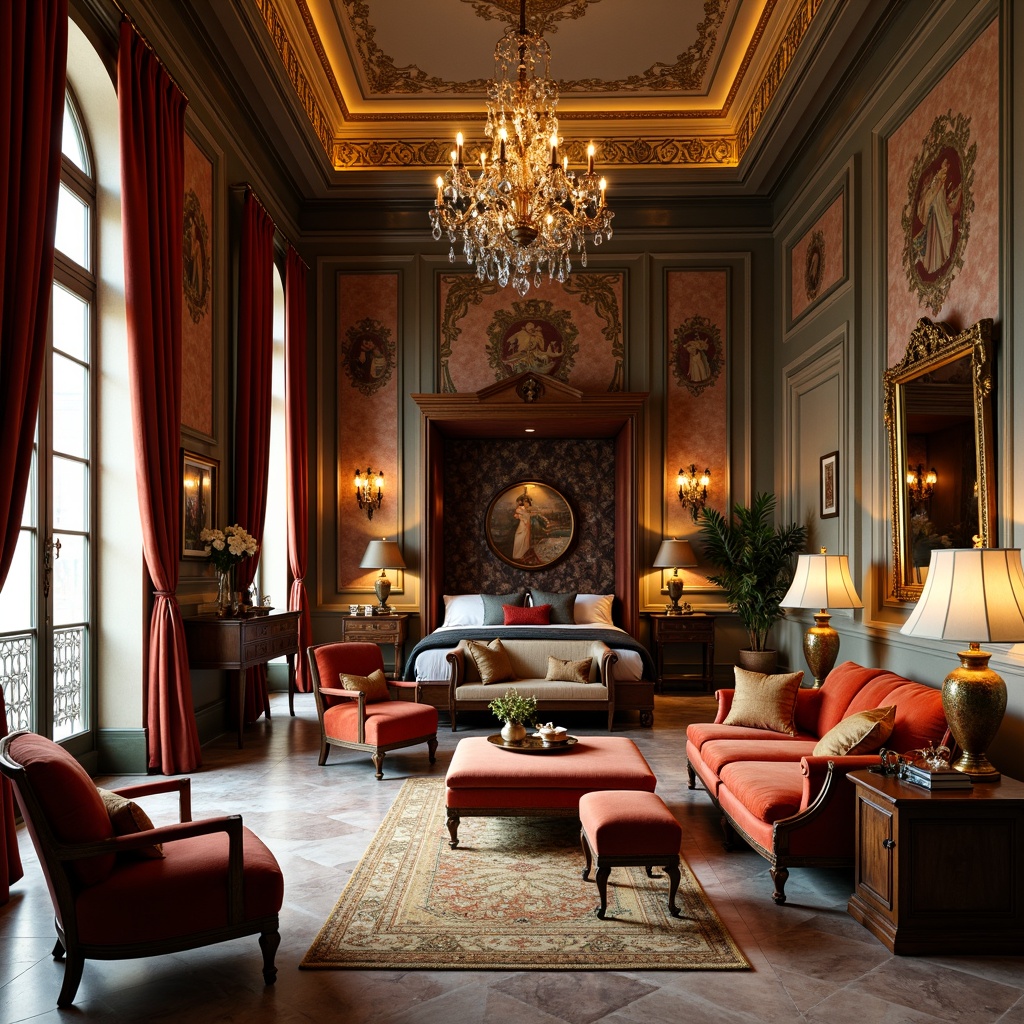 Prompt: Elegant Renaissance-style apartment, luxurious velvet sofas, intricately carved wooden armchairs, ornate gilded mirrors, richly upholstered ottomans, antique bronze lamps, lavish silk drapes, majestic four-poster beds, ornamental tapestries, polished marble floors, crystal chandeliers, warm golden lighting, subtle texture overlays, 1/1 composition, realistic reflections.