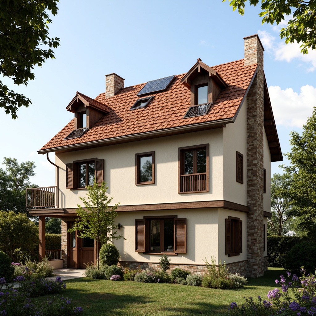 Prompt: Traditional European-style house, steeply pitched roofs, rustic terracotta tiles, ornate chimneys, creamy stucco walls, wooden shutters, classic dormer windows, lush greenery, overhanging eaves, asymmetrical fa\u00e7ade, earthy color palette, natural stone foundation, modern solar panels, sleek skylights, innovative gutter systems, water harvesting systems, eco-friendly roofing materials, rustic metal accents, decorative trusses, soft warm lighting, shallow depth of field, 1/1 composition, realistic textures, ambient occlusion.