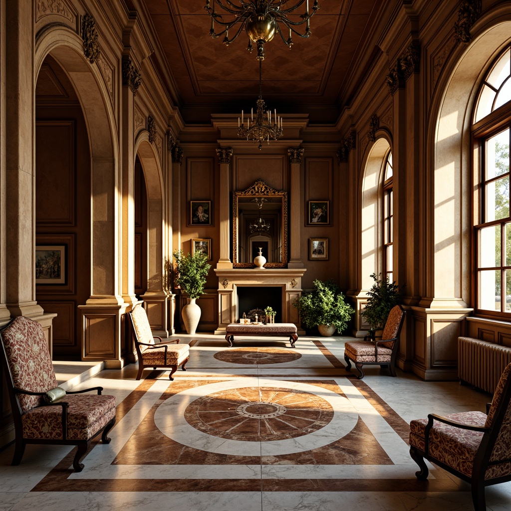 Prompt: Elegant Renaissance-inspired interior, rich wood tones, ornate furniture, classical columns, luxurious fabrics, marble flooring, inlaid stone patterns, warm golden lighting, subtle shadows, 3/4 composition, dramatic archways, intricate moldings, sophisticated color palette, refined textures, ambient occlusion.