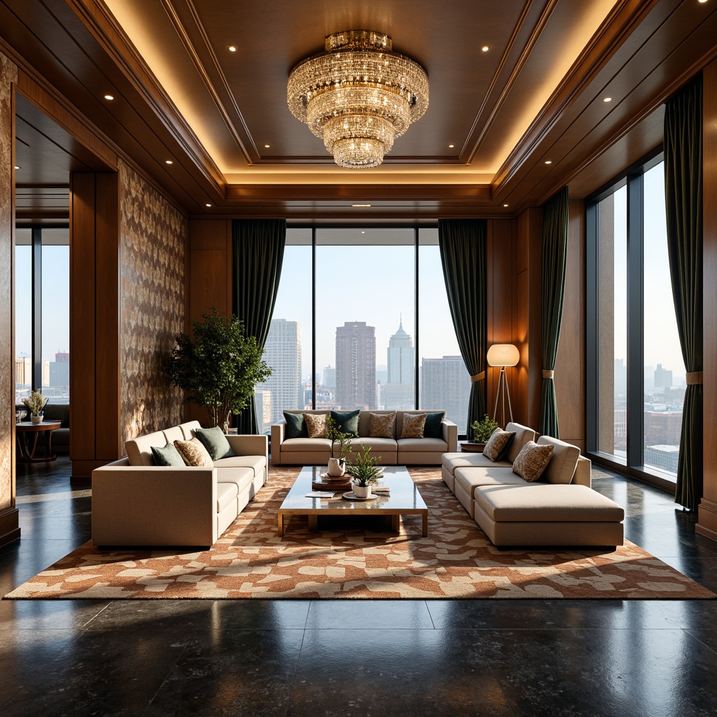 Prompt: Luxurious penthouse interior, Art Deco inspired design, metallic accents, geometric patterns, bold color schemes, opulent materials, high-gloss finishes, marble floors, ornate moldings, crystal chandeliers, velvet drapes, metallic wallpaper, gilded details, luxurious fabrics, sleek lines, modern amenities, city skyline views, floor-to-ceiling windows, minimalist furniture, ambient lighting, warm neutral tones.