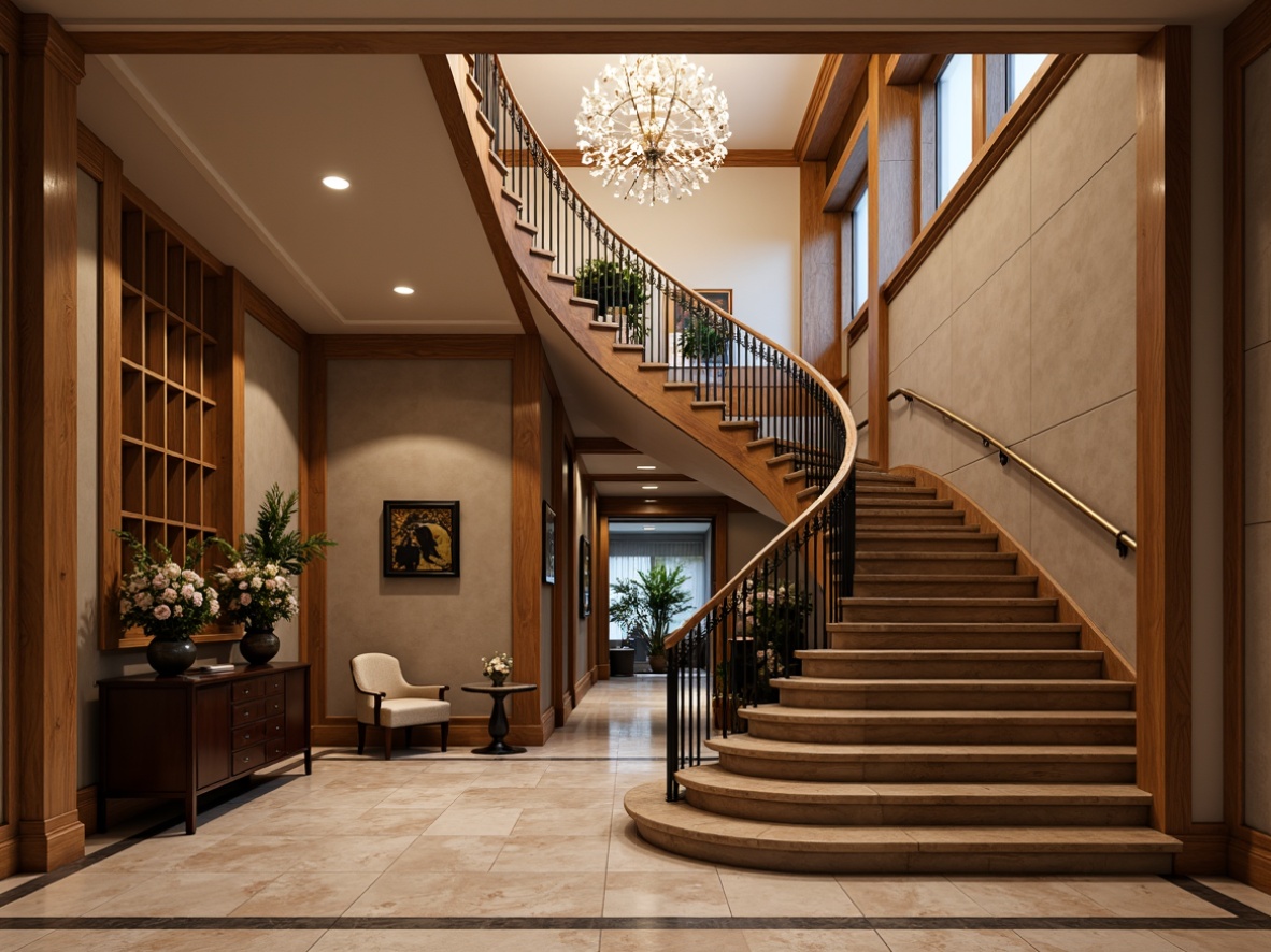 Prompt: Elegant staircase, luxurious balusters, polished metal railings, ornate wooden handrails, curved lines, grand entrance, sophisticated interior design, crystal chandelier, marble flooring, rich wood tones, soft warm lighting, shallow depth of field, 3/4 composition, realistic textures, ambient occlusion.