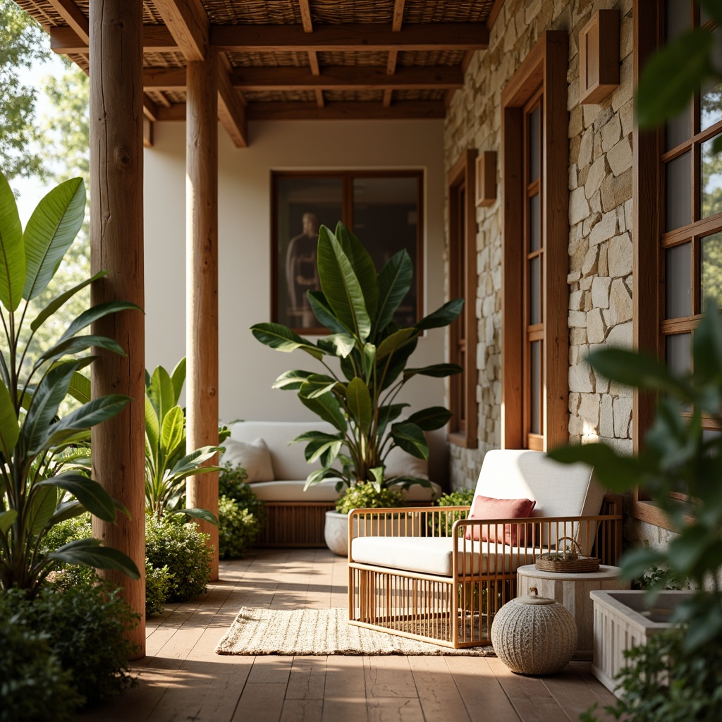 Prompt: Earthy tones, reclaimed wood accents, natural stone walls, woven bamboo flooring, organic shapes, eco-friendly materials, minimalist decor, abundant greenery, lush plants, warm lighting, cozy atmosphere, earthy scent, nature-inspired patterns, handcrafted textures, soft color palette, serene ambiance, shallow depth of field, 3/4 composition, realistic render.