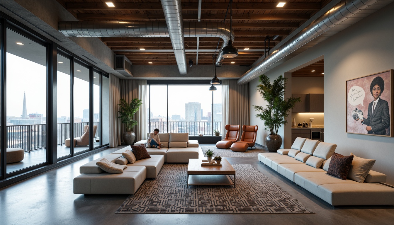 Prompt: Minimalist open space, lofty ceilings, industrial chic, exposed ductwork, polished concrete floors, modern metal beams, reclaimed wood accents, floor-to-ceiling windows, sliding glass doors, natural light pouring in, urban cityscape views, cozy reading nooks, plush sectional sofas, geometric patterned rugs, edgy modern artwork, sleek minimalist decor, pendant light fixtures, warm atmospheric lighting, shallow depth of field, 3/4 composition, panoramic view, realistic textures, ambient occlusion.