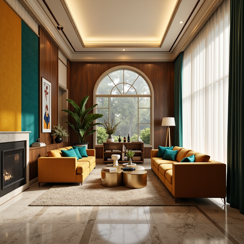 Prompt: Richly furnished living room, bold accent walls, plush velvet sofas, metallic gold coffee tables, luxurious marble floors, soft warm lighting, creamy beige ceilings, vibrant turquoise throw pillows, deep emerald greenery, natural wood accents, eclectic art pieces, floor-to-ceiling windows, sheer white drapery, neutral beige backgrounds, subtle texture contrasts, 1/2 composition, atmospheric misting effect.