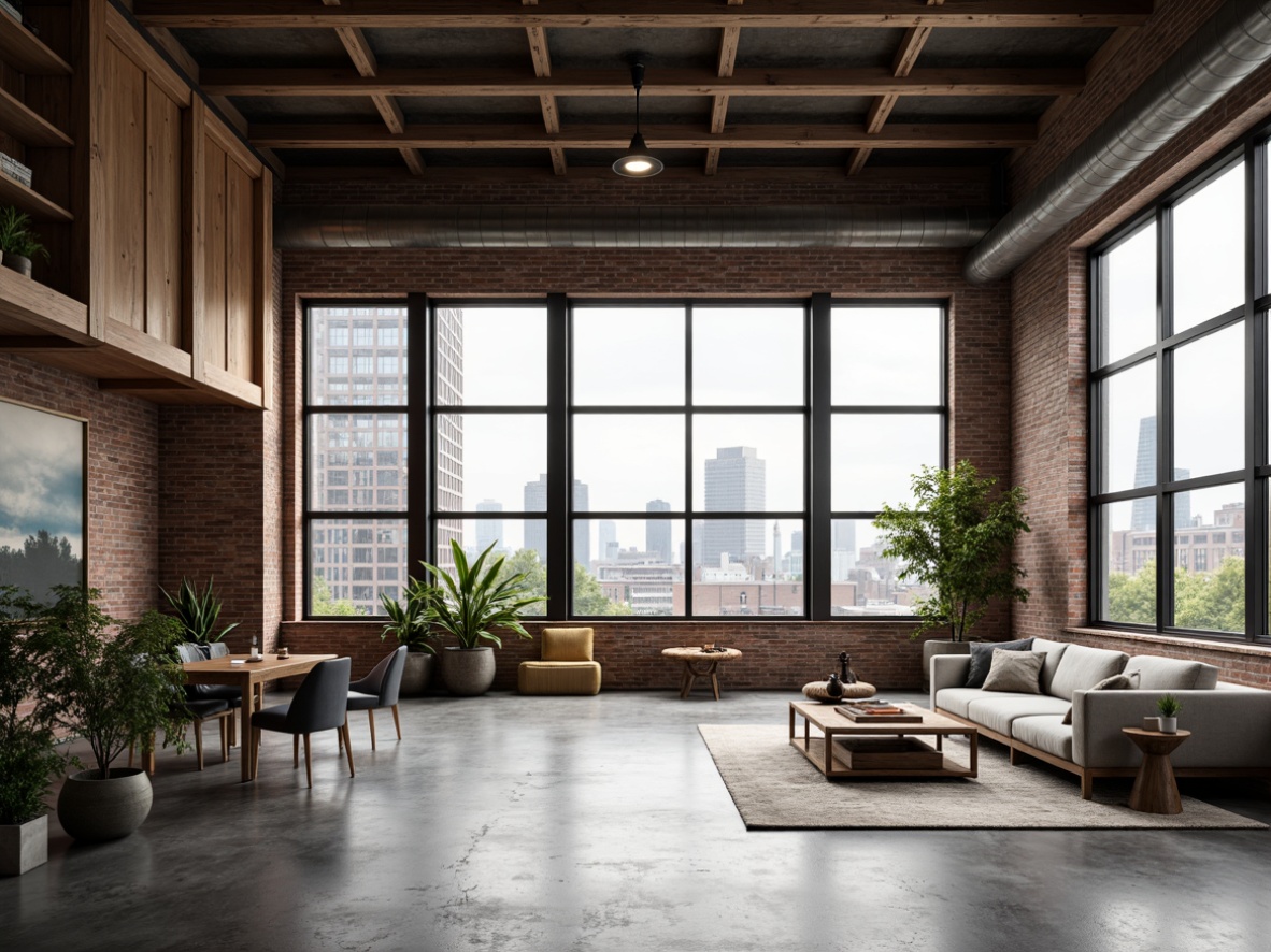 Prompt: Industrial-chic loft interior, exposed brick walls, polished concrete floors, modern minimalist aesthetic, open-plan living space, sleek metal beams, reclaimed wood accents, urban cityscape views, natural light pouring in, airy atmosphere, Scandinavian-inspired decor, monochromatic color scheme, matte finish, textured surfaces, geometric patterns, warm ambient lighting, cozy reading nooks, plush area rugs, 1/1 composition, low-angle shot, soft focus blur.