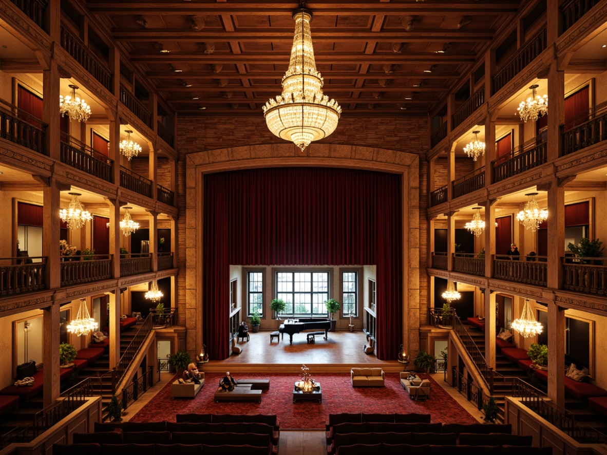 Prompt: Grand opera house, rustic farmhouse fusion, lavish chandeliers, ornate balconies, velvet curtains, wooden accents, exposed brick walls, high ceilings, dramatic staircases, intimate performance spaces, luxurious seating areas, grand pianos, opulent drapery, warm soft lighting, shallow depth of field, 1/1 composition, symmetrical architecture, neoclassical details, golden ornaments, rich textiles, patterned rugs, lavish furnishings, elegant ambiance.