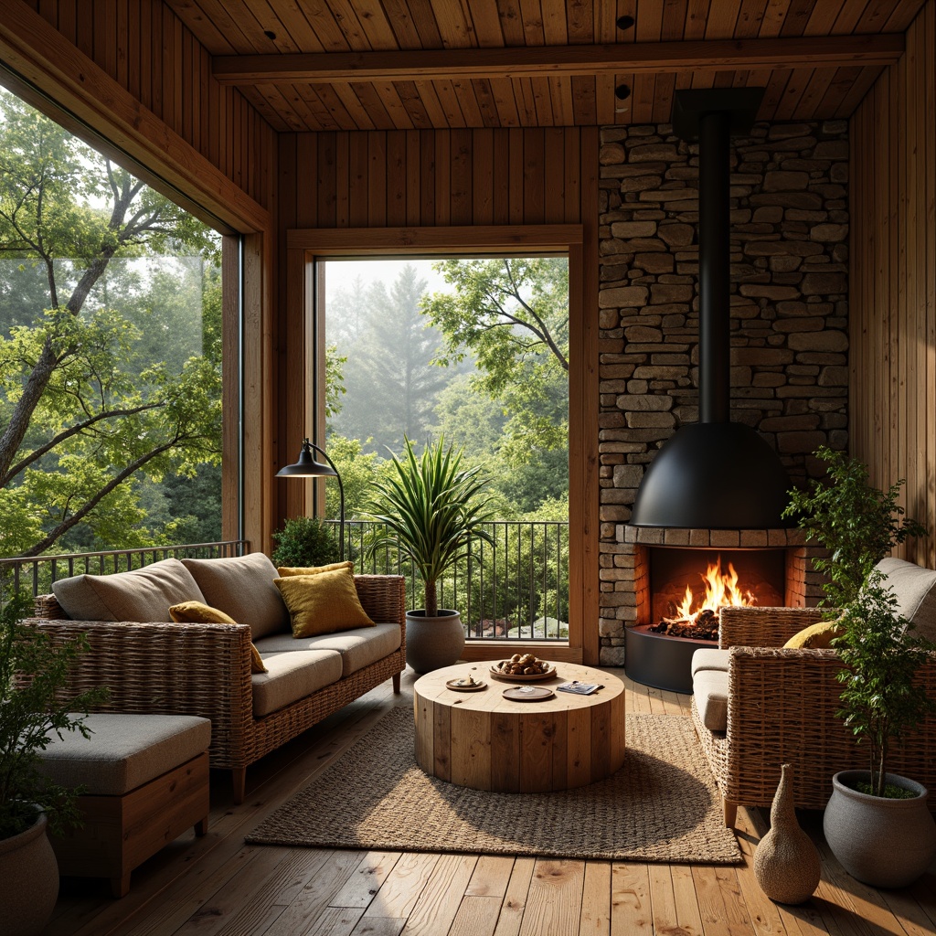 Prompt: Earth-toned cabin, reclaimed wooden walls, natural stone fireplace, woven wicker furniture, earthy color palette, organic textures, lush greenery, rustic metal accents, warm ambient lighting, soft shadows, cozy atmosphere, secluded forest surroundings, misty morning, shallow depth of field, 1/2 composition, realistic rendering, ambient occlusion.