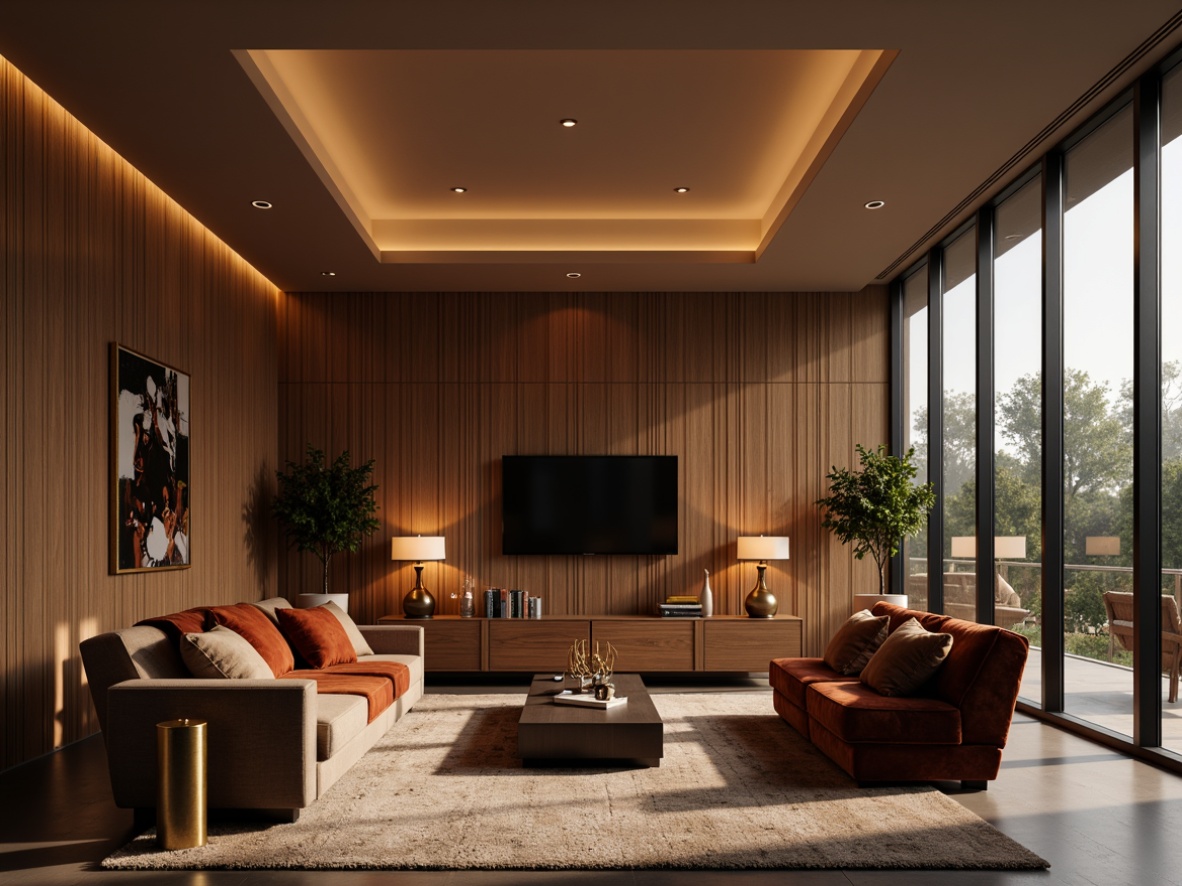 Prompt: Elegant modern living room, warm ambient lighting, soft glow ceiling fixtures, recessed floor lamps, table lamps with sculptural shapes, metallic finishes, luxurious fabrics, velvet upholstery, rich wood tones, minimalist decor, subtle color palette, soft shadows, 1/1 composition, realistic textures, detailed normal maps, morning light, natural atmosphere.