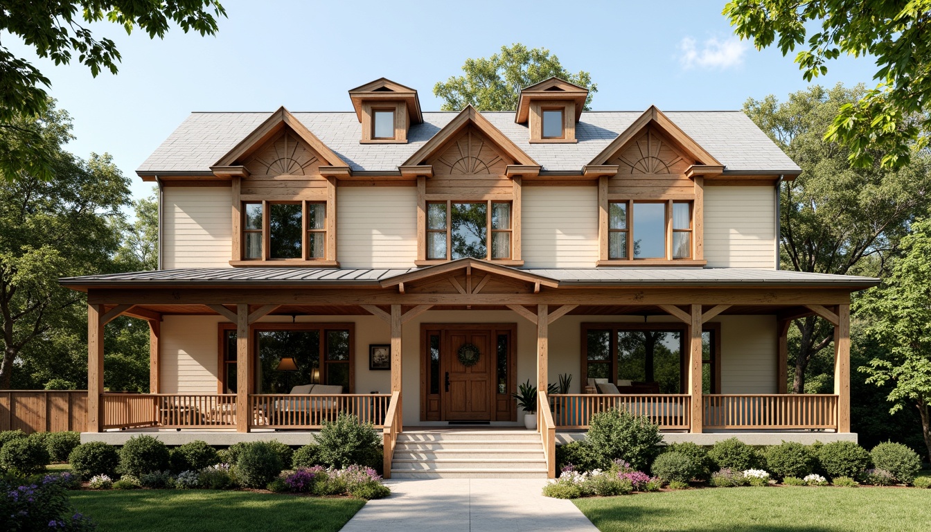 Prompt: Classic traditional facade, warm beige siding, rustic wood accents, ornate trim details, vintage metal roofing, decorative shutters, grand entranceways, symmetrical compositions, inviting front porches, charming dormer windows, soft natural lighting, 1/1 aspect ratio, shallow depth of field, realistic wood textures, ambient occlusion.