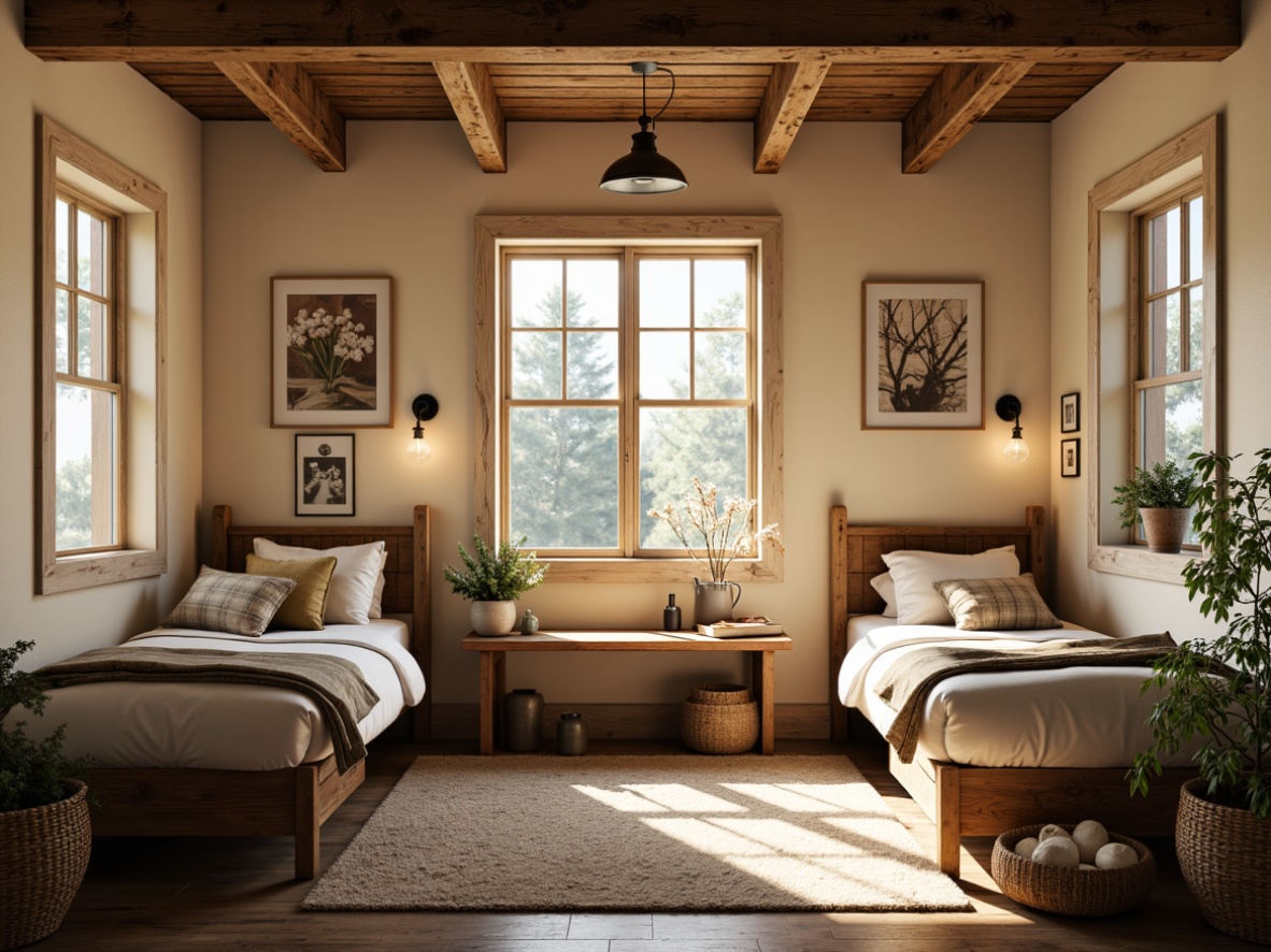 Prompt: Cozy farmhouse-style dorm room, warm rustic lighting, vintage metal lanterns, distressed wood accents, soft cream-colored walls, plush area rug, comfortable reading nook, reclaimed wood furniture, earthy tone color palette, natural textiles, woven baskets, pendant lamps, exposed beams, wooden ceiling, large windows, bright afternoon sunlight, gentle warm glow, shallow depth of field, 1/1 composition, rustic country ambiance.