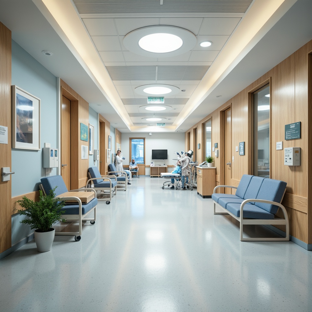 Prompt: Sterile hospital corridors, calming pastel colors, natural wood accents, soft indirect lighting, minimalist furniture, private patient rooms, comfortable waiting areas, efficient nurse stations, advanced medical equipment, spacious operating theaters, gentle color schemes, acoustic ceiling tiles, durable flooring materials, ergonomic seating, clear signage systems, circular columns, open floor plans, functional layout, ample natural light, shallow depth of field, 3/4 composition, realistic textures.