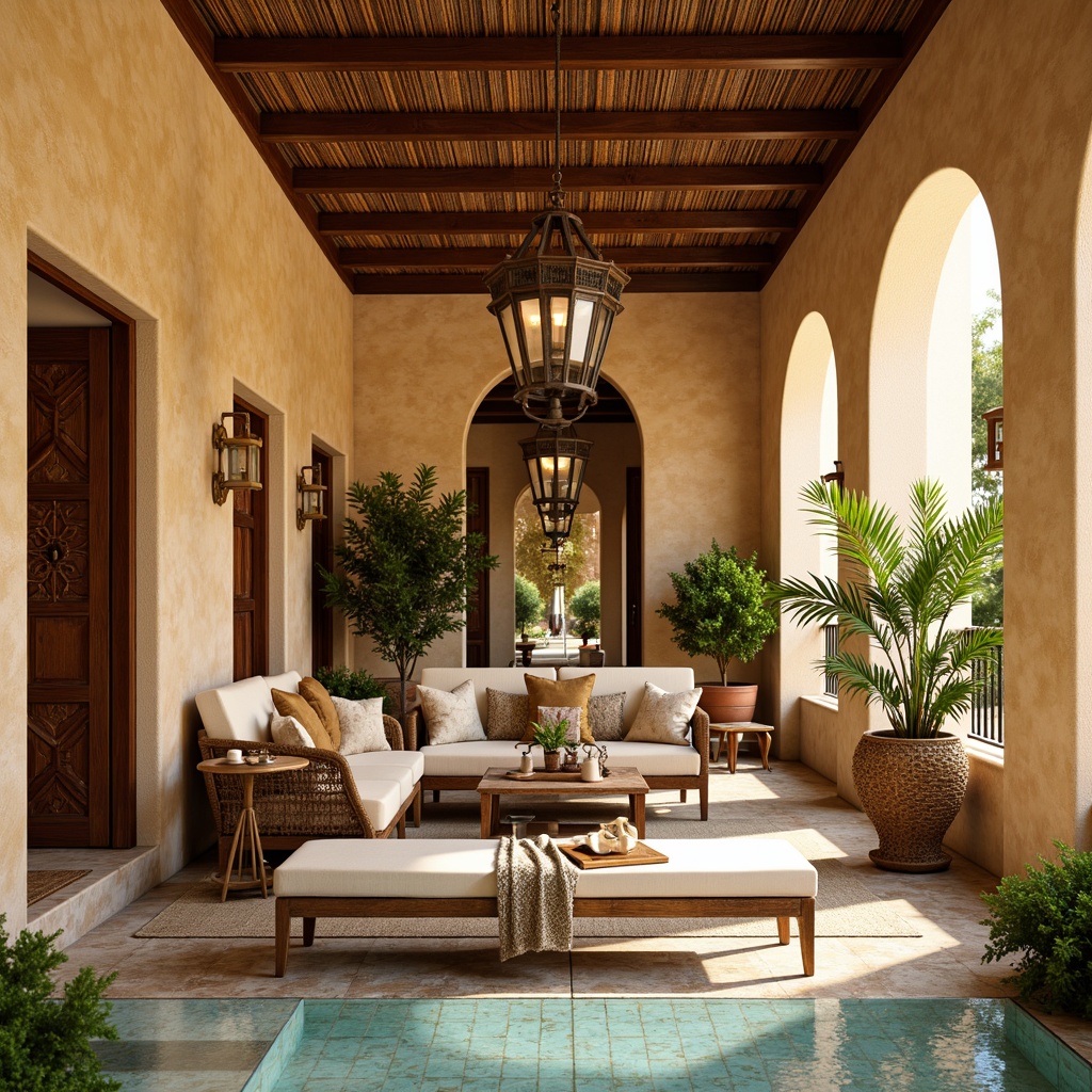 Prompt: Warm Mediterranean interior, earthy terracotta walls, soft creamy stucco ceilings, rustic wooden beams, natural stone flooring, turquoise ceramic tiles, woven wicker furniture, plush velvet upholstery, distressed wood accents, vintage metal lanterns, sunny yellow hues, sky blue highlights, warm beige tones, olive greenery, lush potted plants, ornate Moorish patterns, intricate geometric motifs, golden metallic accents, soft warm lighting, shallow depth of field, 1/1 composition, realistic textures, ambient occlusion.