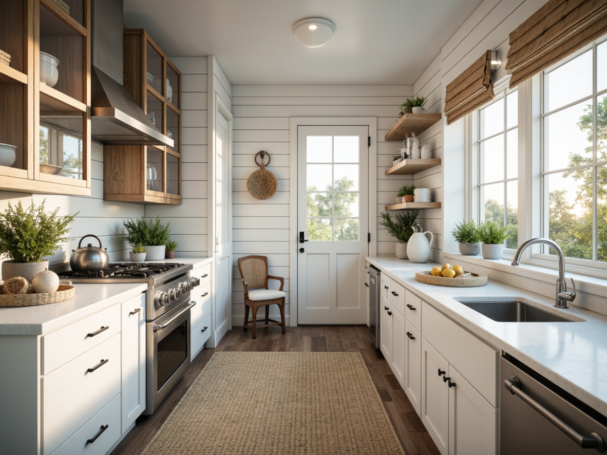 Prompt: Coastal pantry, white shiplap walls, reclaimed wood shelving, glass-front cabinets, nautical-themed decor, ocean-inspired color palette, soft blue hues, crisp white countertops, stainless steel appliances, rustic wooden accents, woven sea grass baskets, natural fiber rugs, sunny coastal morning, warm golden lighting, shallow depth of field, 1/2 composition, realistic textures, ambient occlusion.