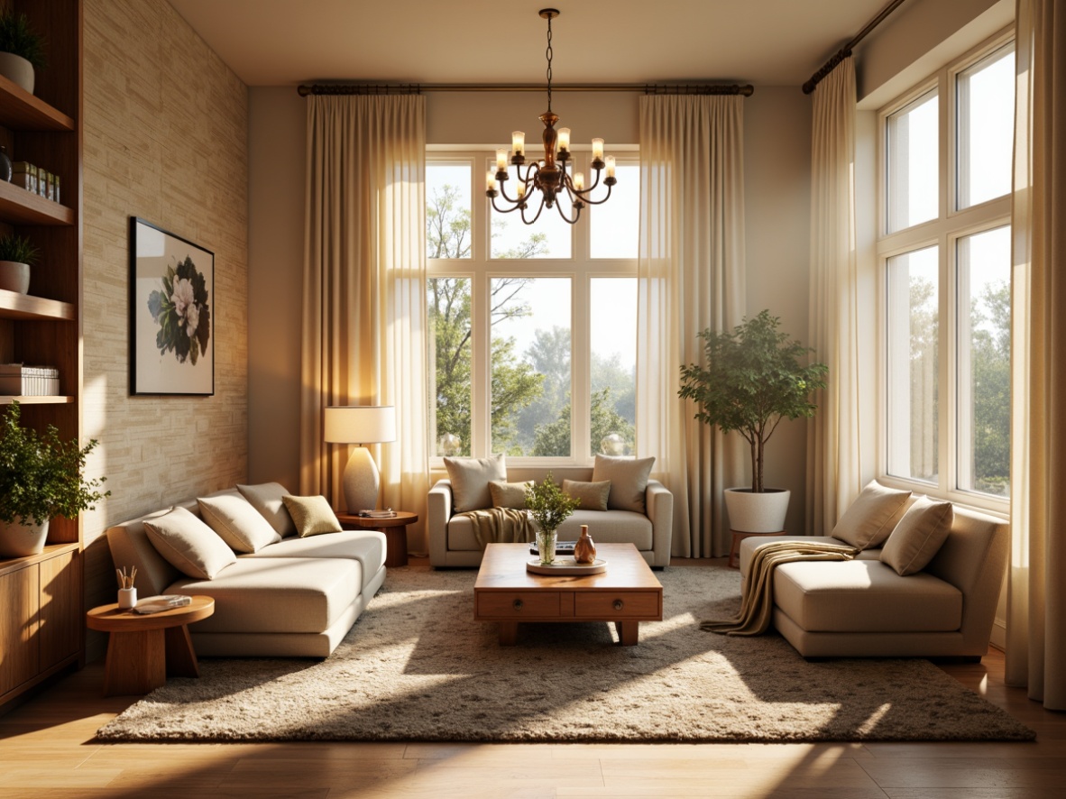 Prompt: Cozy living room, warm beige walls, comfortable sofas, wooden coffee tables, elegant chandeliers, soft glowing table lamps, floor-to-ceiling windows, natural light pouring in, gentle morning sunbeams, subtle shadows, 1/2 composition, low-key lighting, relaxing ambiance, inviting atmosphere, cream-colored curtains, plush area rugs, modern minimalist decor, peaceful retreat.