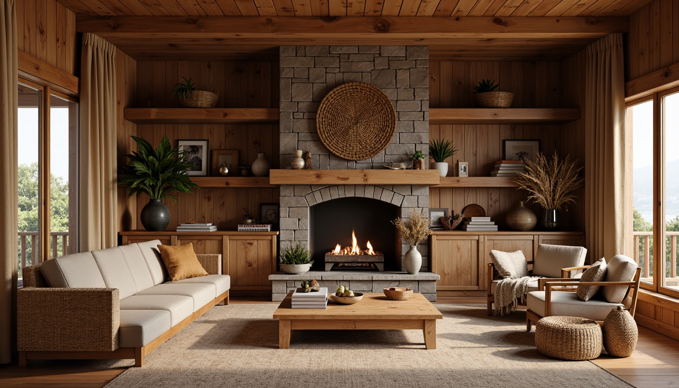 Prompt: Earth-toned cabin, wooden accents, stone fireplace, reclaimed wood walls, natural textiles, woven baskets, earthy color palette, organic shapes, minimal ornamentation, cozy ambiance, soft warm lighting, shallow depth of field, 1/1 composition, realistic wood grains, ambient occlusion.