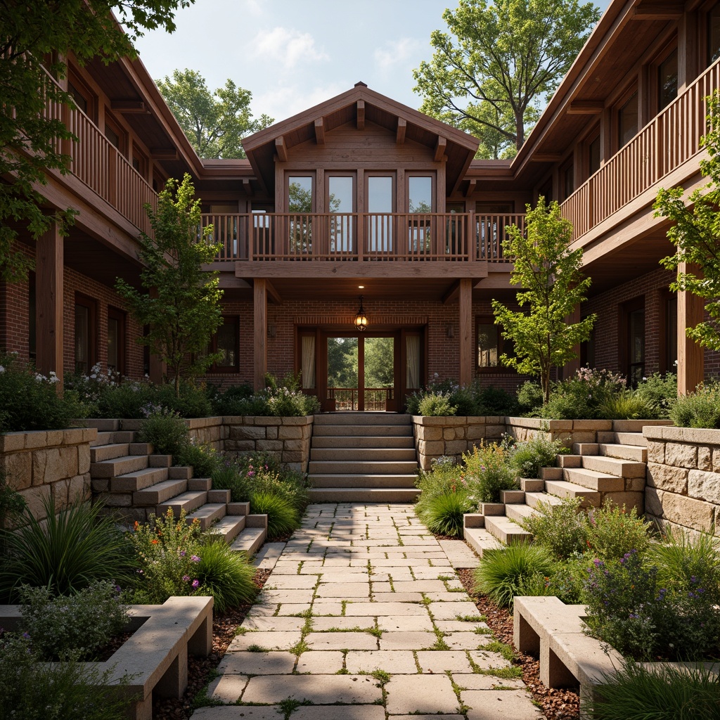 Prompt: Earthy tone amphitheater, rustic wooden benches, natural stone steps, lush greenery, vibrant flowers, warm lantern lighting, cozy atmosphere, craftsman-inspired architecture, exposed beams, wooden accents, earthy red brick, weathered copper details, soft moss growth, afternoon sunlight, warm color palette, rich wood tones, organic textures, ambient occlusion, shallow depth of field, 3/4 composition, panoramic view.