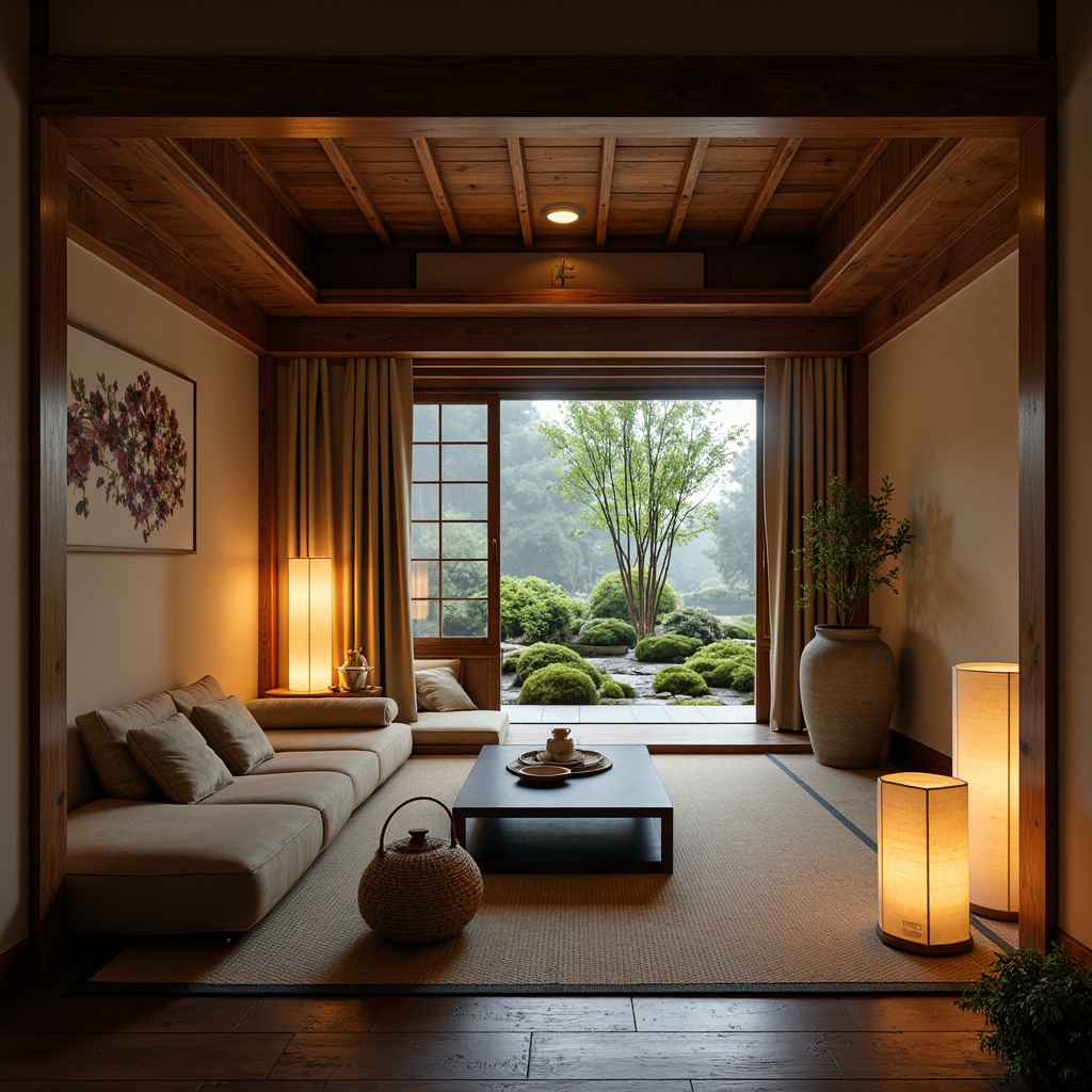 Prompt: Traditional Japanese architecture, warm soft lighting, paper lanterns, wooden accents, natural textures, tatami mats, shoji screens, sliding doors, minimalist decor, subtle color palette, gentle glow, warm ambiance, cozy atmosphere, traditional tea house, serene gardens, moss-covered stones, bamboo forests, misty morning light, warm white lighting, 1/1 composition, shallow depth of field, soft focus, realistic textures.