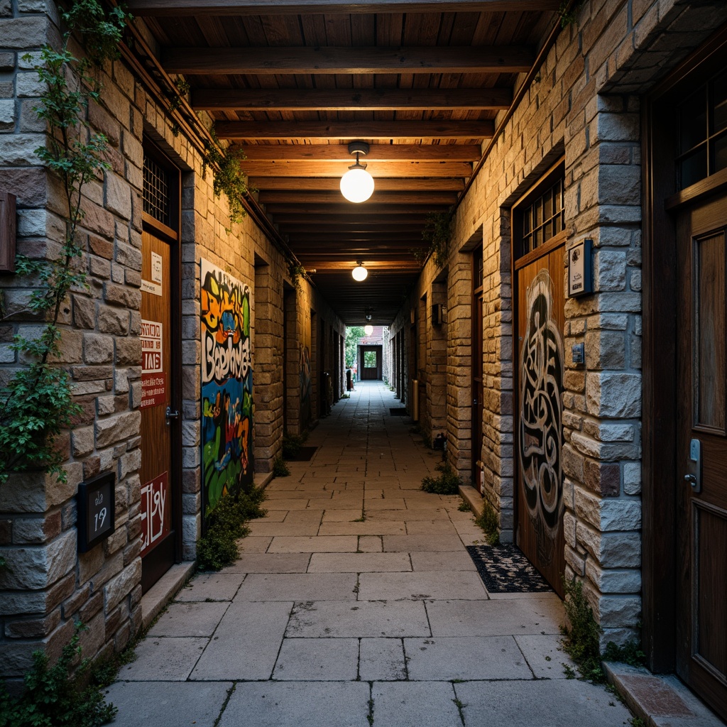 Prompt: Rugged stone walls, distressed wooden planks, rough-hewn brick facades, ornate metal latticework, intricate stonework patterns, vibrant graffiti murals, weathered concrete surfaces, peeling paint textures, rustic wooden doorways, decorative ironwork details, mysterious alleyway ambiance, low-key warm lighting, cinematic shallow focus, 2.5D composition, atmospheric perspective, realistic material responses, subtle ambient occlusion.