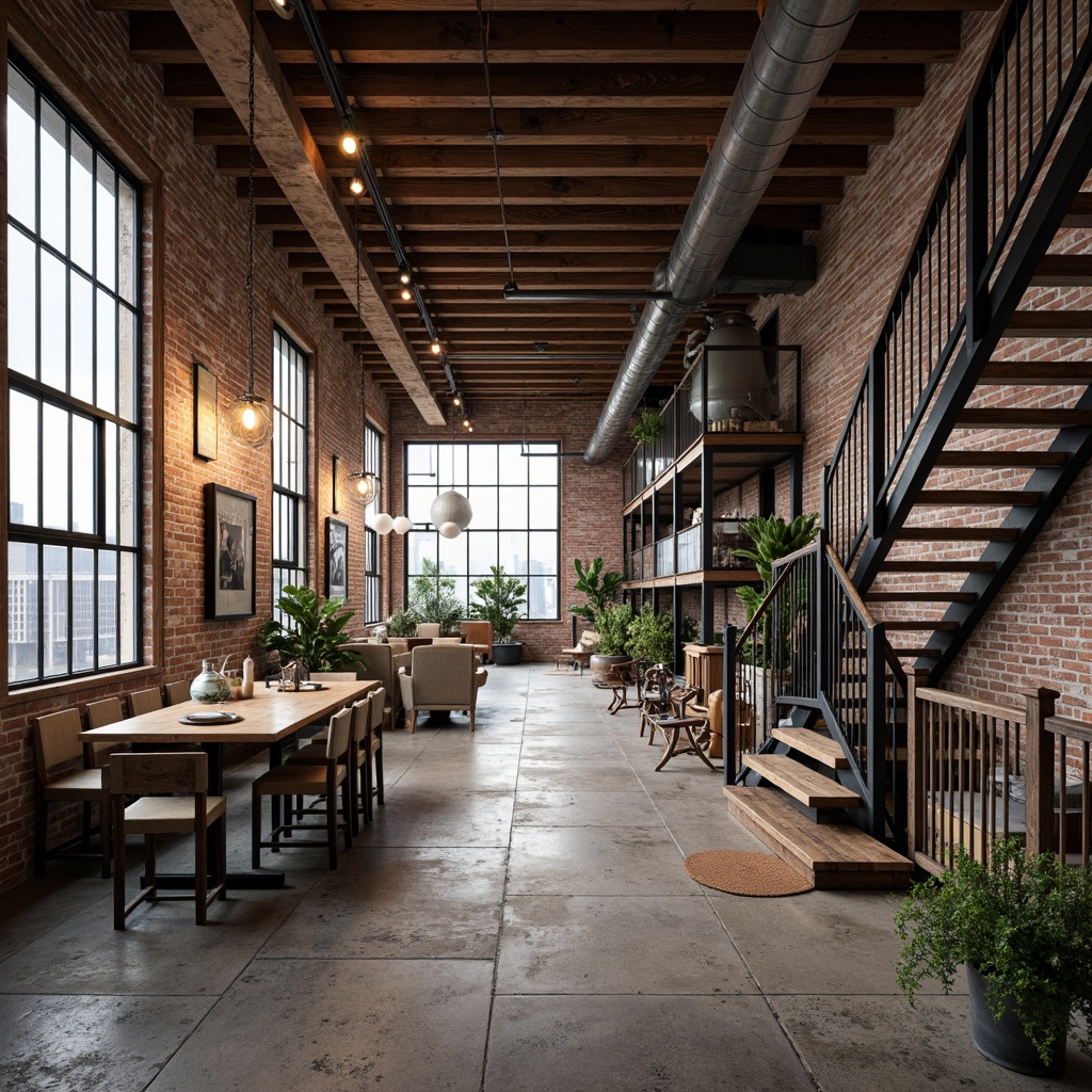 Prompt: Exposed brick walls, metal beams, reclaimed wood floors, industrial-chic lighting fixtures, distressed concrete textures, urban cityscape views, converted warehouse settings, vintage manufacturing equipment, Edison bulb pendant lights, metal staircase railings, minimalist decor, functional furniture pieces, neutral color palette, high ceilings, large windows, natural light pouring in, 3/4 composition, shallow depth of field, realistic render.