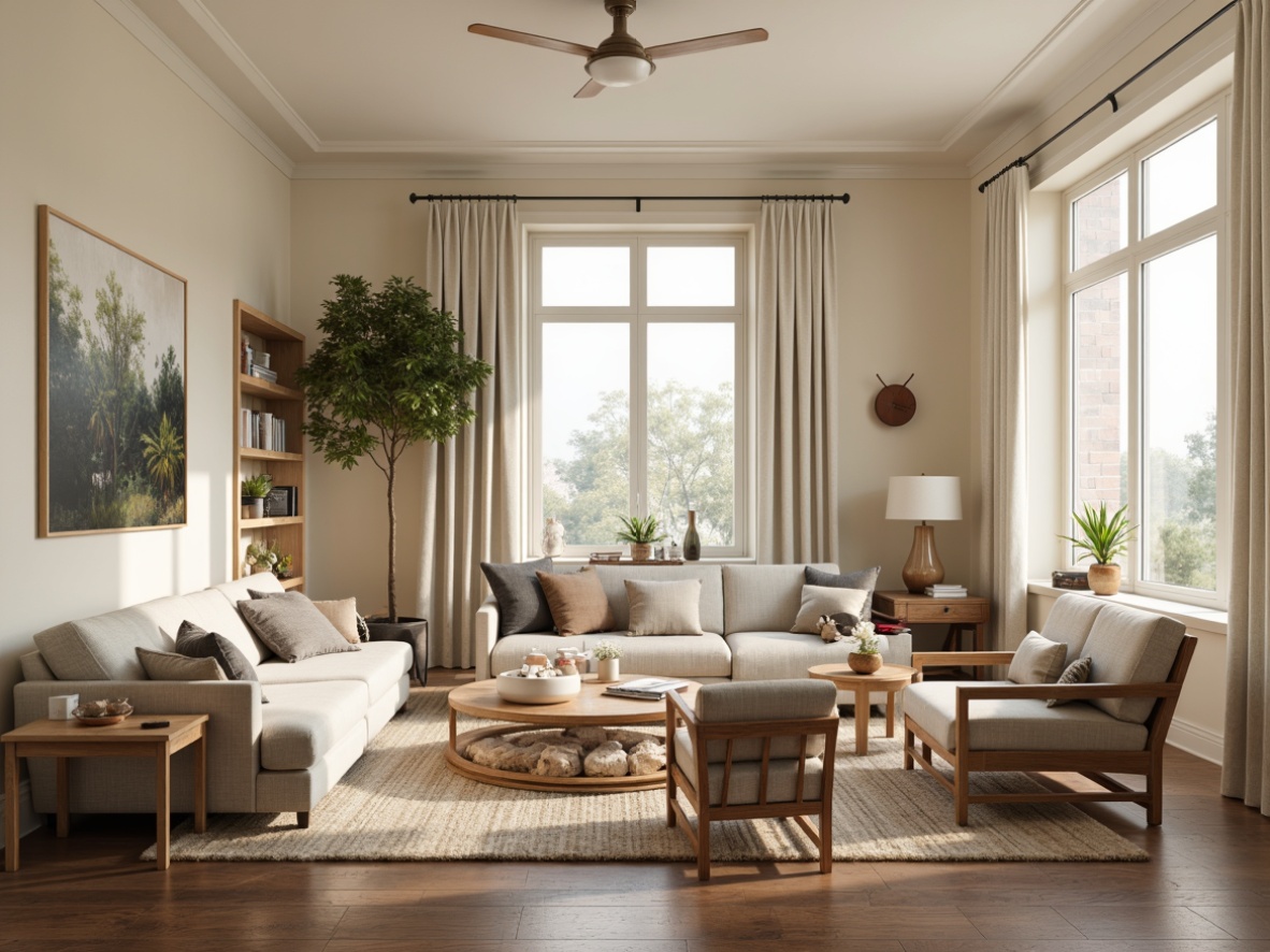 Prompt: Cozy living room, plush sofas, accent chairs, wooden coffee tables, woven rugs, floor lamps, cream-colored walls, large windows, natural light, soft curtains, minimalist decor, functional shelving units, ergonomic workstations, comfortable reading nooks, warm neutral color scheme, inviting atmosphere, shallow depth of field, 1/1 composition, realistic textures, ambient occlusion.