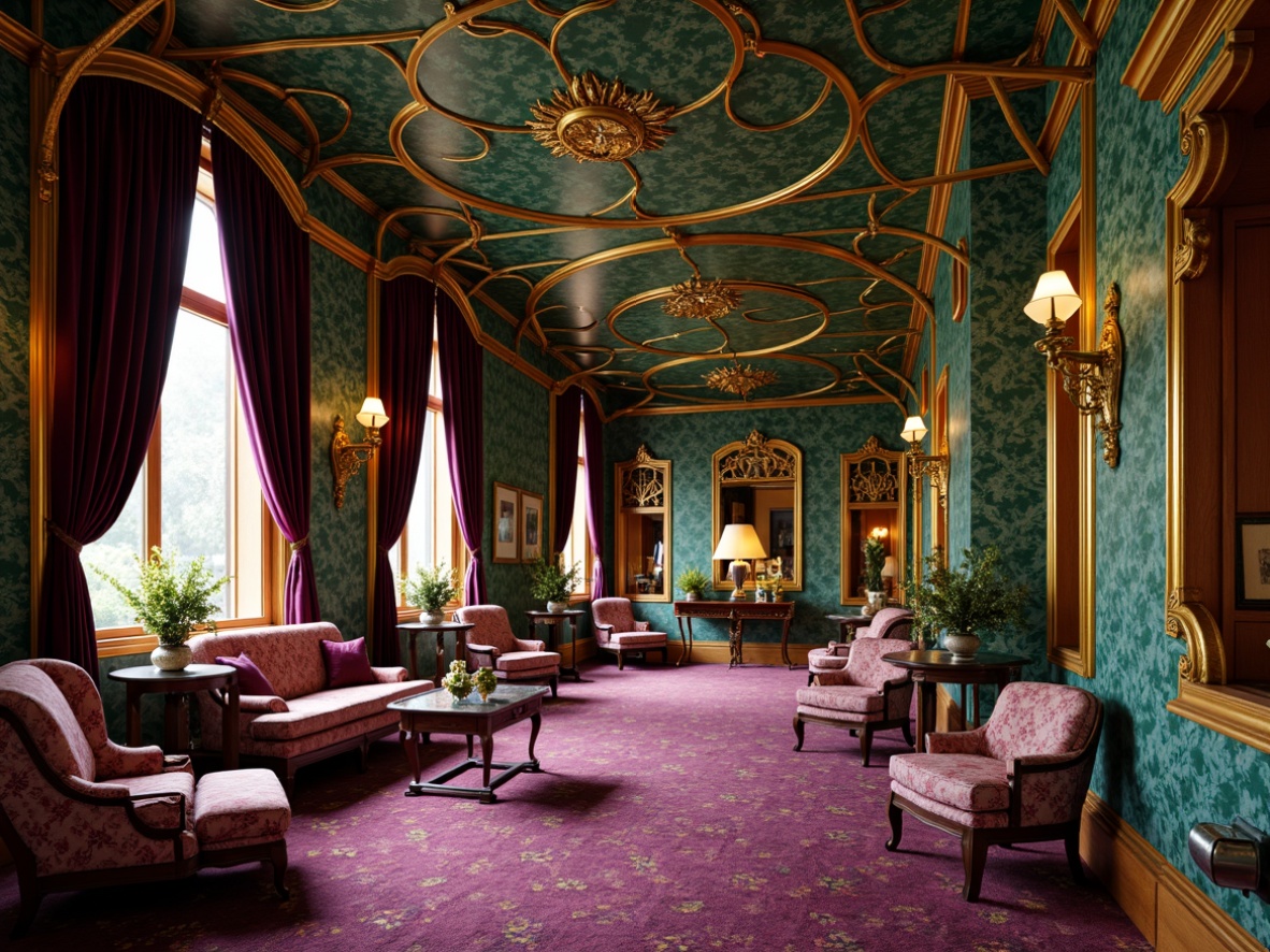 Prompt: Elegant Art Nouveau interior, luxurious velvet drapes, ornate gold accents, intricate wooden carvings, sinuous organic lines, flowing curves, whimsical botanical patterns, rich jewel-toned colors, emerald green walls, sapphire blue ceilings, amethyst purple furniture, warm golden lighting, soft focus, shallow depth of field, 1/1 composition, atmospheric perspective, realistic textures, subtle ambient occlusion.