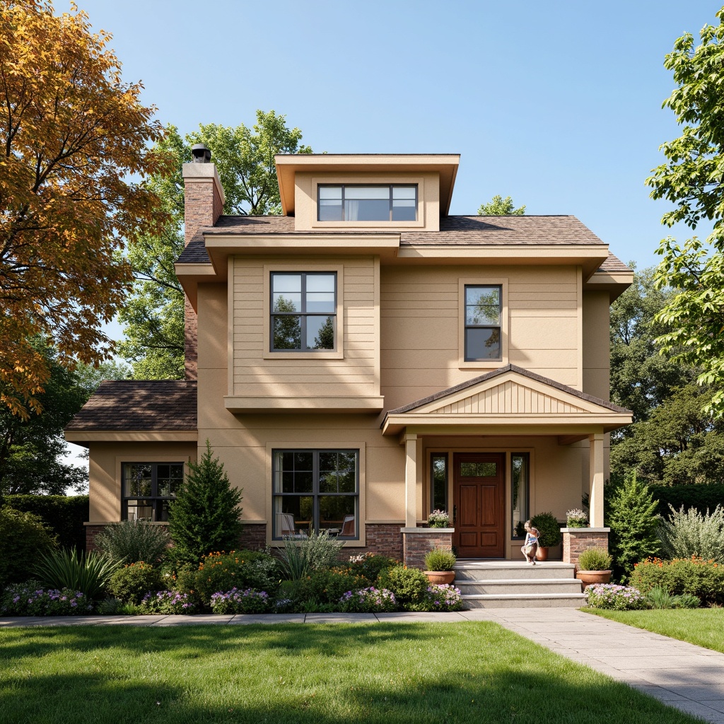 Prompt: Classic suburban home, vinyl siding, warm beige color, horizontal panels, rustic wood accents, cozy front porch, inviting entryway, ornate doorways, decorative trims, soft neutral tones, natural stone foundation, lush green lawn, blooming flowers, sunny afternoon, gentle warm lighting, shallow depth of field, 1/1 composition, realistic textures, ambient occlusion.