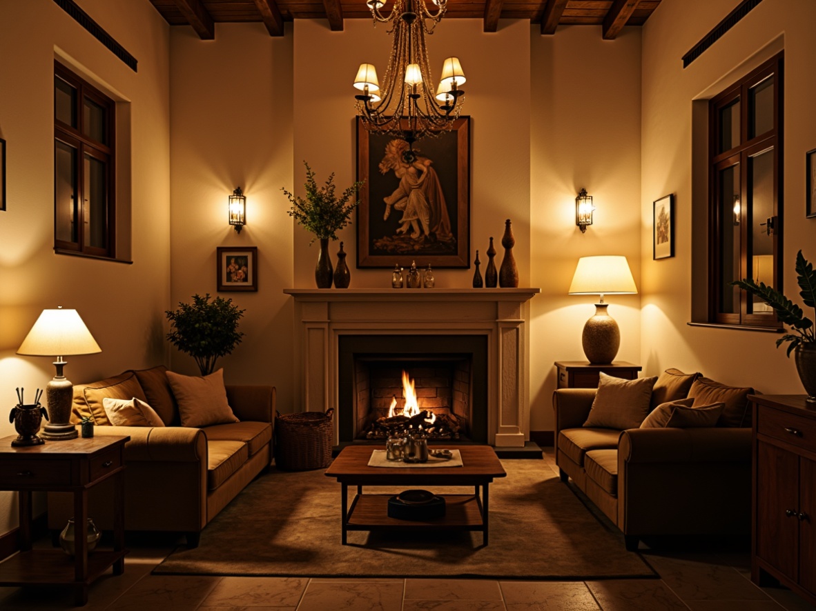 Prompt: Cozy living room, warm ambient lighting, soft glowing lamps, decorative sconces, elegant chandeliers, modern floor lamps, warm beige walls, plush velvet sofas, rustic wooden furniture, natural stone flooring, subtle texture contrasts, atmospheric mood lighting, 1/2 composition, soft focus, shallow depth of field.