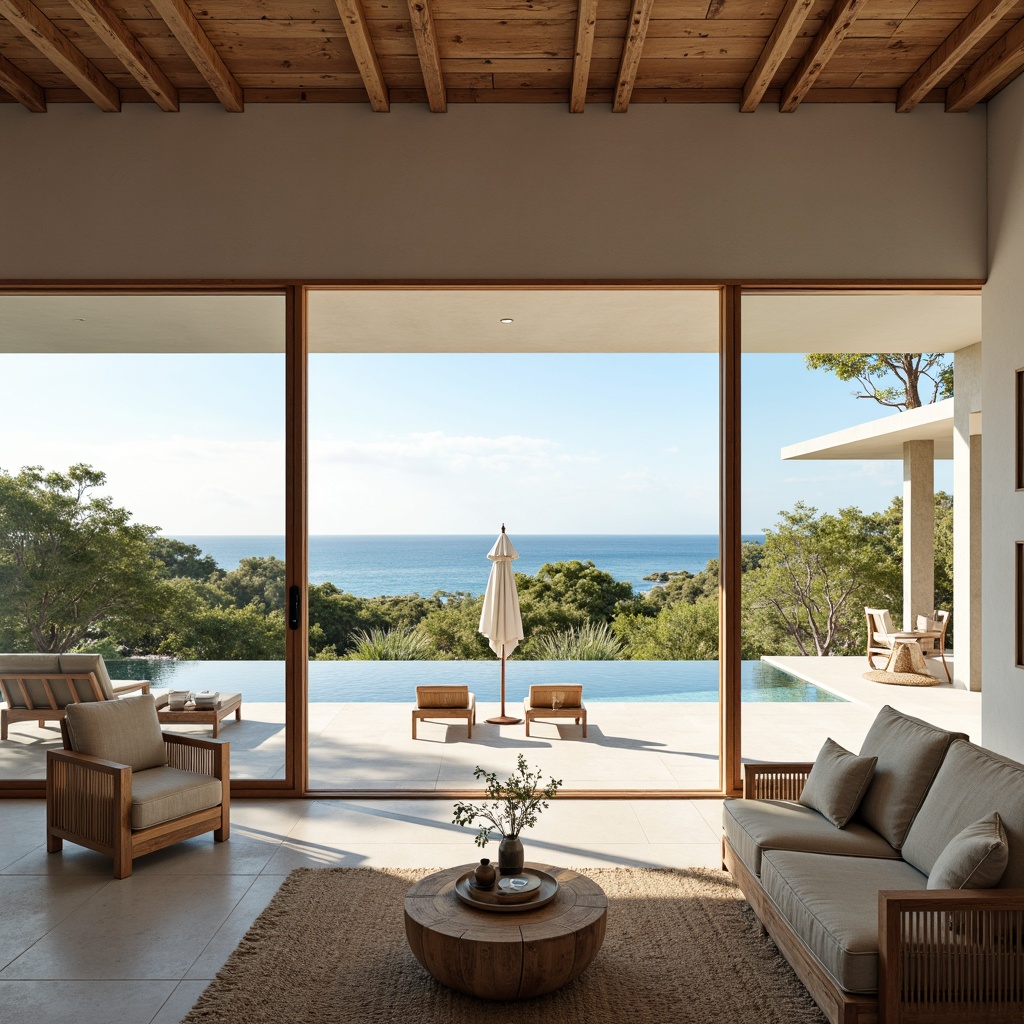 Prompt: Coastal villa, large windows, sliding glass doors, minimal ornamentation, crisp white walls, driftwood accents, jute rugs, natural textiles, woven furniture, ocean views, sunny day, soft warm lighting, shallow depth of field, 1/1 composition, panoramic view, realistic reflections, ambient occlusion, beachy color palette, calming atmosphere, airy open spaces, rustic wooden ceilings, distressed finishes, organic shapes, seamless transitions.