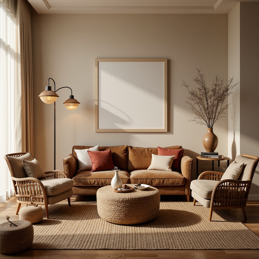 Prompt: Cozy living room, plush velvet sofa, soft cushioned armchairs, woven basket coffee table, natural fiber rugs, warm beige walls, floor-to-ceiling windows, sheer curtains, gentle diffused light, minimalist decor, subtle texture contrast, tactile upholstery fabrics, rich jewel-toned accents, organic patterns, earthy color palette, inviting atmosphere, serene ambiance, 1/1 composition, soft focus, realistic render.