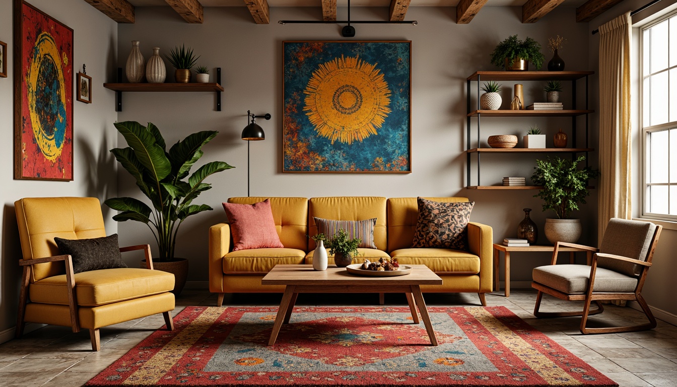 Prompt: Vibrant eclectic living room, vintage velvet sofa, distressed wood coffee table, Moroccan-inspired tiles, colorful woven rug, abstract artwork, industrial metal lighting, reclaimed wooden shelves, plush throw pillows, unique sculptural decor, natural stone vase, exotic plant arrangements, warm golden lighting, 1/1 composition, shallow depth of field, realistic textures.