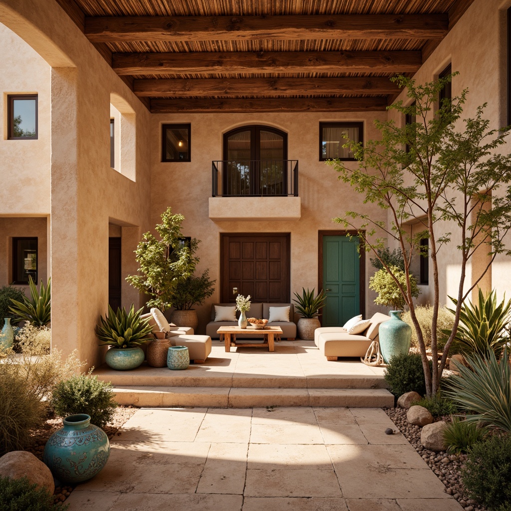 Prompt: Earthy adobe architecture, warm terracotta tones, rustic wood accents, woven natural fibers, vibrant turquoise stones, distressed metal details, sandy beige stucco, rough-hewn wooden beams, ornate Talavera pottery, desert botanicals, cacti silhouettes, warm golden lighting, shallow depth of field, 3/4 composition, panoramic view, realistic textures, ambient occlusion.