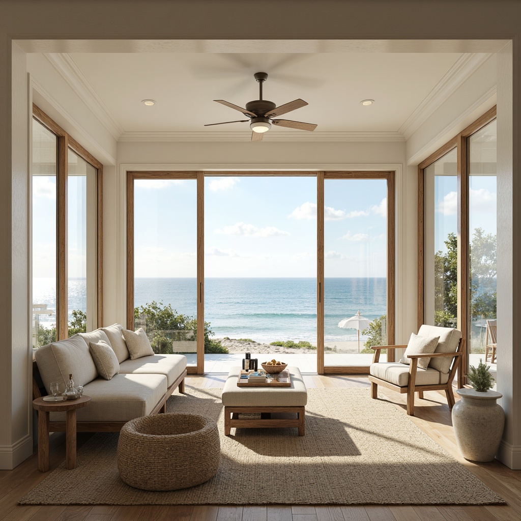 Prompt: Coastal style beach house, large windows, sliding glass doors, ocean views, natural light pouring in, bright and airy interior, whitewashed wood accents, driftwood furniture, sea salt air, soft warm lighting, 1/1 composition, shallow depth of field, realistic textures, ambient occlusion, sandy dunes, beachy vibe, casual elegance, calming atmosphere, serene ambiance, ocean-inspired color palette, light beige walls, crisp white trim, natural textiles, woven fibers, organic shapes.