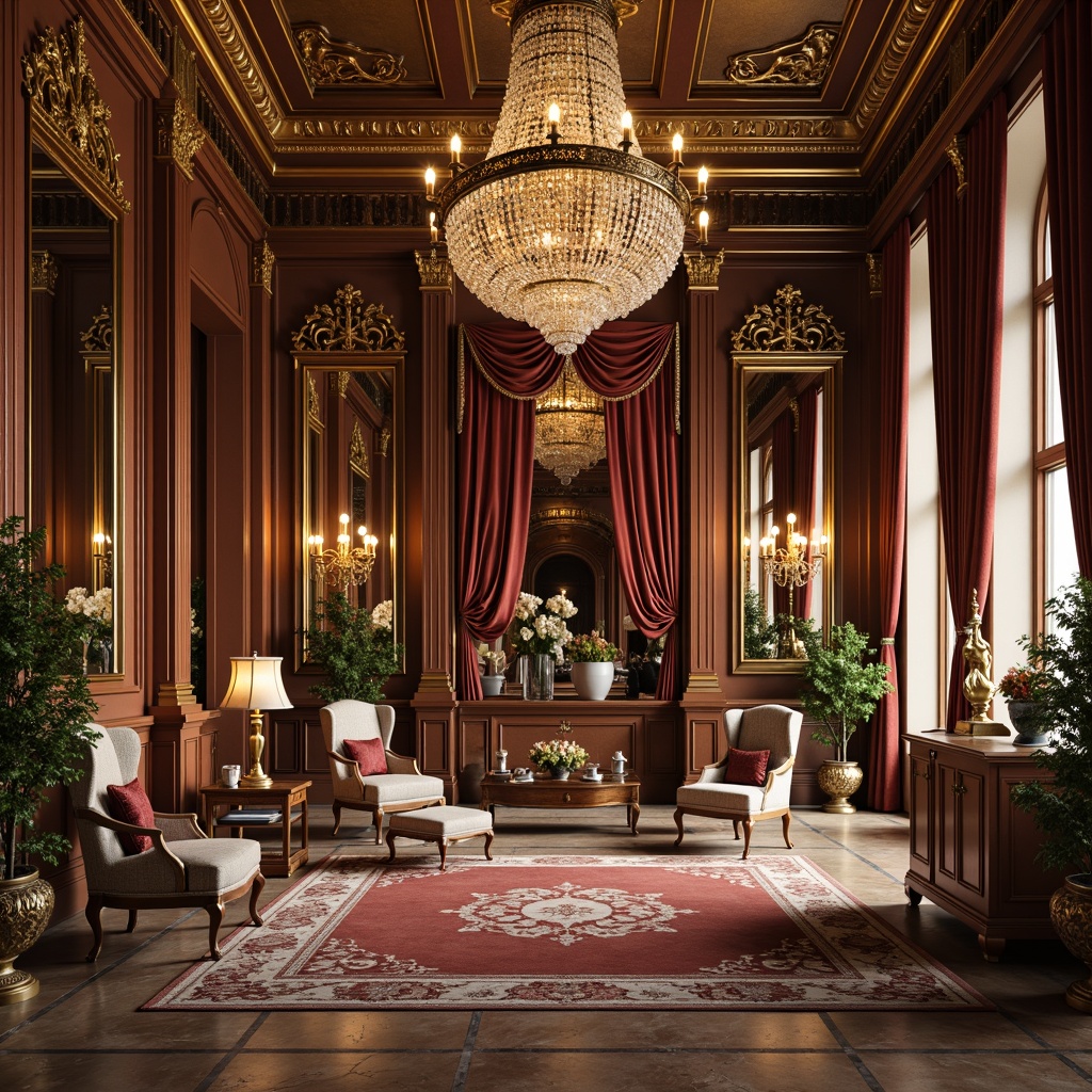 Prompt: Grandiose chandelier, intricately carved wooden furniture, ornate mirrors, lavish velvet drapes, marble flooring, gilded accents, neoclassical columns, archways, and pilasters, richly patterned rugs, luxurious upholstery, crystal glassware, opulent vases, antique clocks, warm golden lighting, shallow depth of field, 1/1 composition, ornate moldings, realistic textures, ambient occlusion.