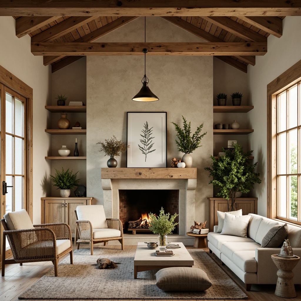 Prompt: Rustic farmhouse interior, earthy tones, natural materials, reclaimed wood accents, stone fireplace, vintage metal fixtures, woven textiles, botanical prints, warm beige walls, creamy white trim, distressed wooden beams, soft candlelight, cozy reading nooks, plush throw blankets, potted greenery, rattan furniture, linen upholstery, organic shapes, effortless elegance, serene atmosphere, shallow depth of field, 1/1 composition, warm natural lighting, realistic wood textures.