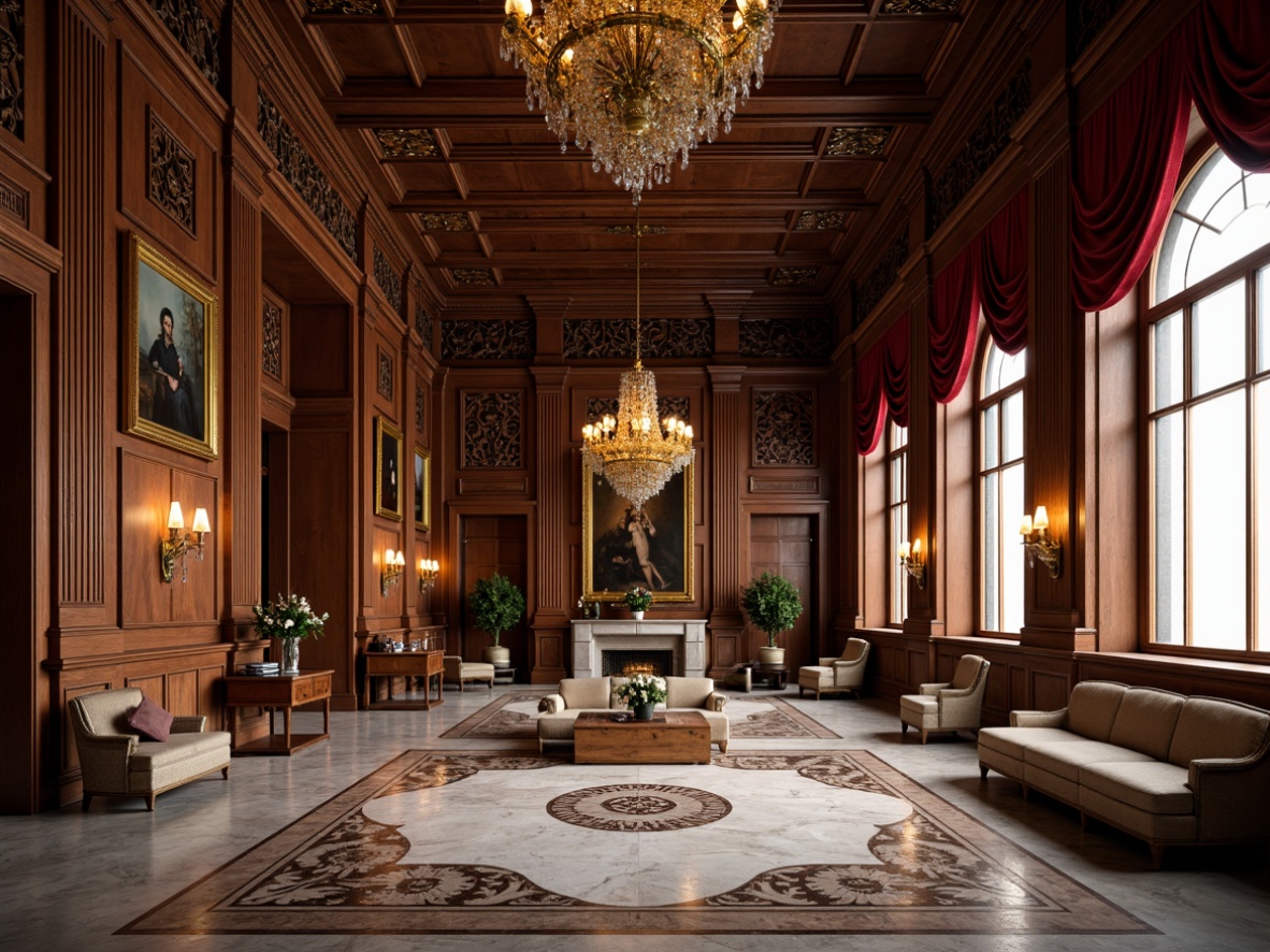 Prompt: Renaissance-inspired interior, ornate wooden panels, rich dark wood tones, polished marble floors, intricate stone inlays, grand high ceilings, opulent chandeliers, lavish furnishings, regal red velvet drapes, gilded accents, warm golden lighting, soft focus, 1/1 composition, intimate atmosphere, realistic textures, ambient occlusion.