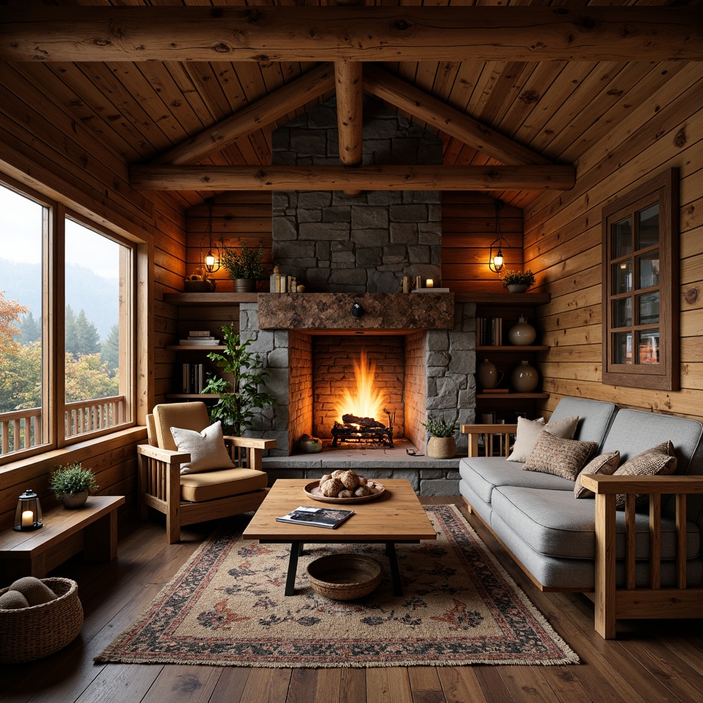 Prompt: Rustic wooden cabin, stone fireplace, earthy color palette, natural textures, woven baskets, vintage furniture, distressed wood accents, warm candlelight, cozy throw blankets, plush area rugs, nature-inspired artwork, reclaimed wood walls, exposed beams, wooden shutters, lantern-style lighting, autumnal foliage, misty morning atmosphere, soft warm glow, shallow depth of field, 1/1 composition, realistic textures, ambient occlusion.