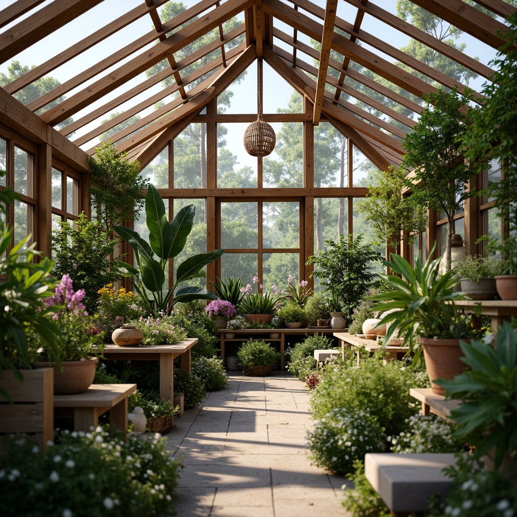 Prompt: Rustic greenhouse, abundant foliage, lush greenery, wooden beams, natural stone walls, earthy tones, ample skylights, clerestory windows, south-facing orientation, passive solar design, maximized natural lighting, warm ambiance, soft diffused light, minimal shading devices, organic textures, reclaimed wood accents, botanical specimens, vibrant floral arrangements, misting systems, humid subtropical climate, serene atmosphere, shallow depth of field, 1/1 composition, realistic rendering.