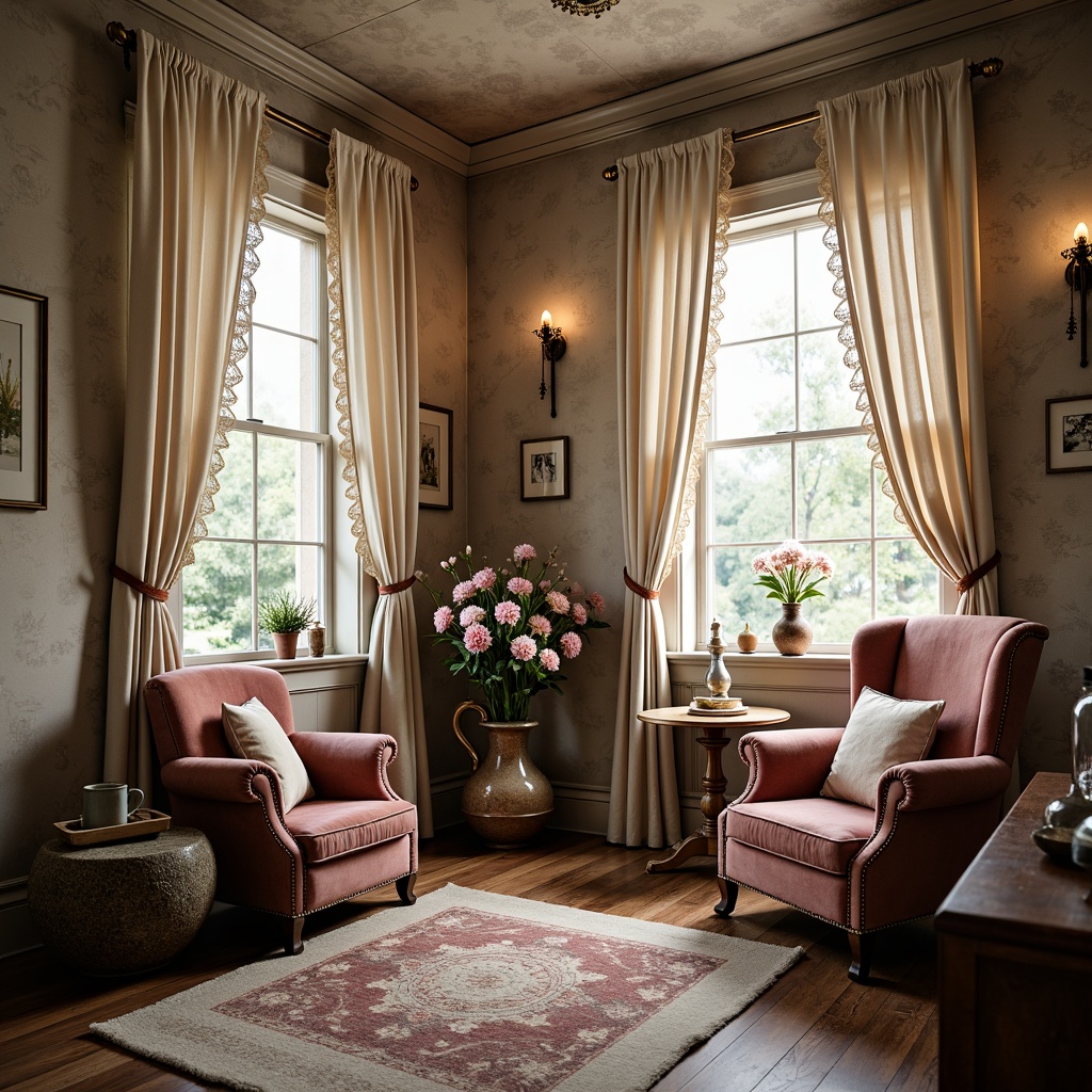 Prompt: Distressed vintage fabrics, soft pastel hues, romantic florals, lace trims, ruffled curtains, velvet upholstery, worn leather armchairs, antique wooden furniture, ornate metal accents, rustic distressed finishes, warm candlelight, soft focus, shallow depth of field, 1/2 composition, intimate atmosphere, cozy reading nooks, plush area rugs.